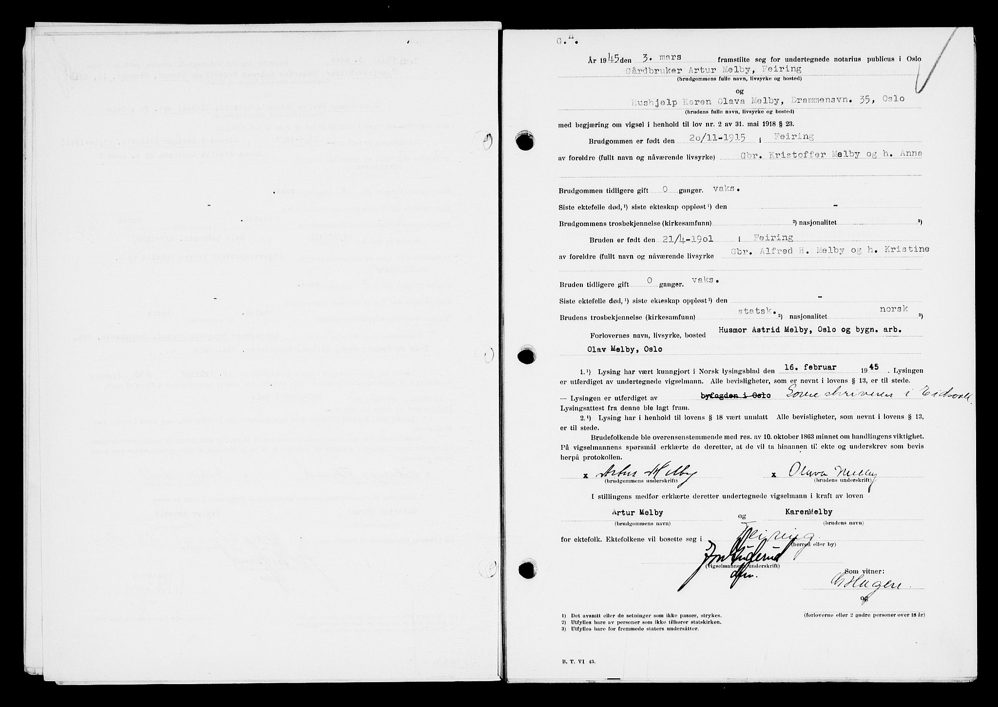 Oslo byfogd avd. I, AV/SAO-A-10220/L/Lb/Lbb/L0053: Notarialprotokoll, rekke II: Vigsler, 1945