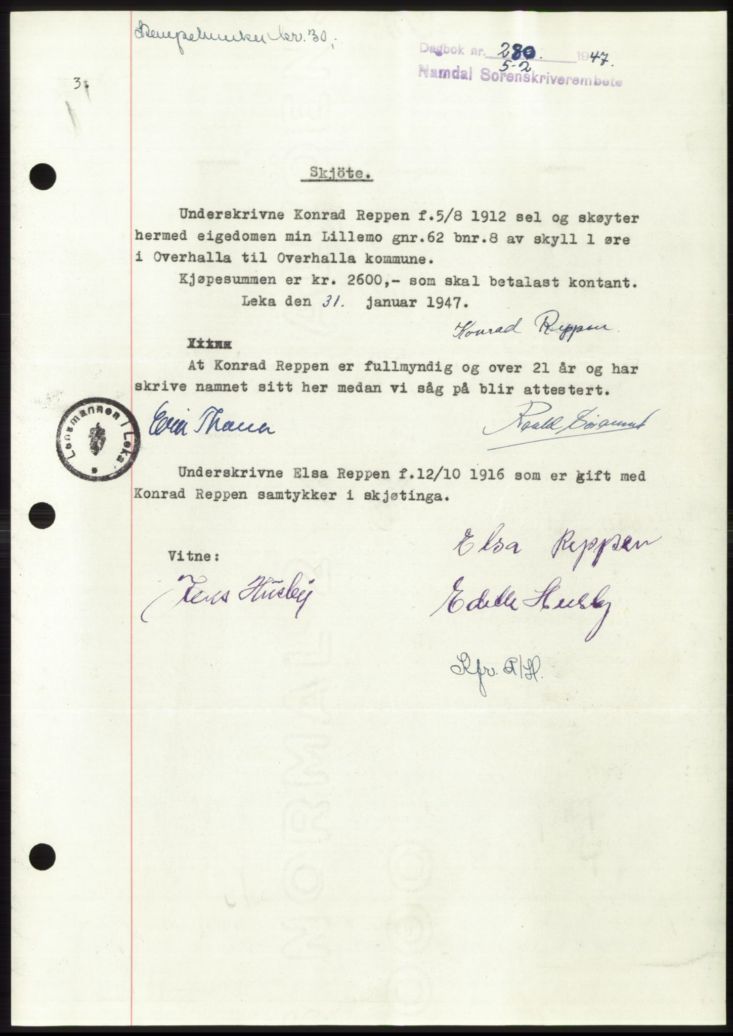 Namdal sorenskriveri, SAT/A-4133/1/2/2C: Pantebok nr. -, 1946-1947, Dagboknr: 280/1947