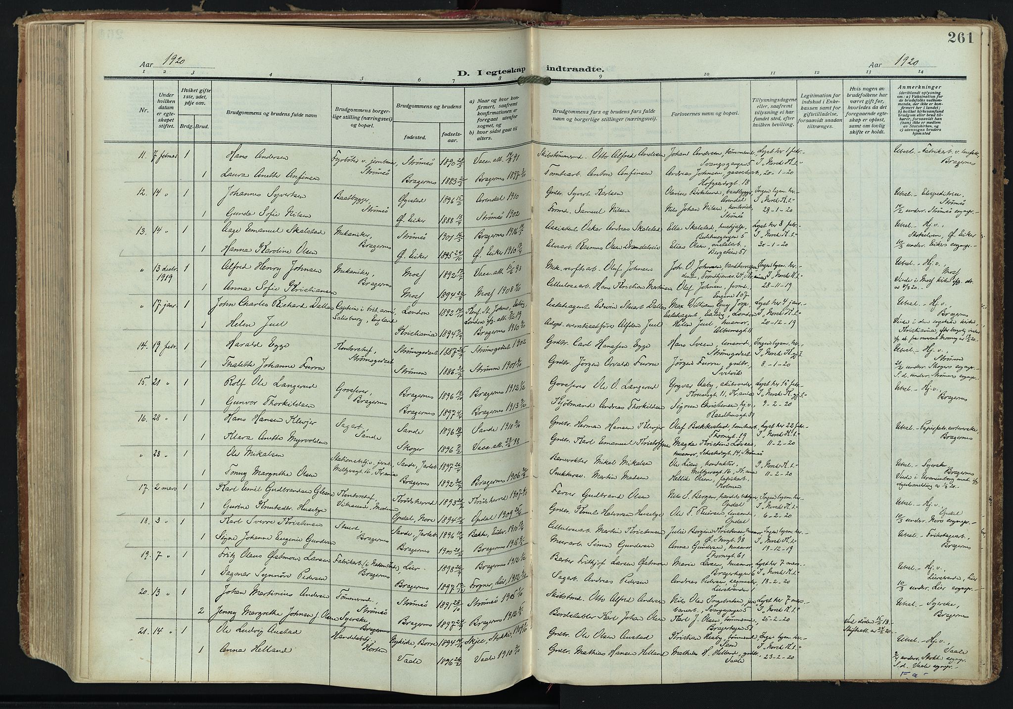 Bragernes kirkebøker, AV/SAKO-A-6/F/Fc/L0008: Ministerialbok nr. III 8, 1909-1921, s. 261