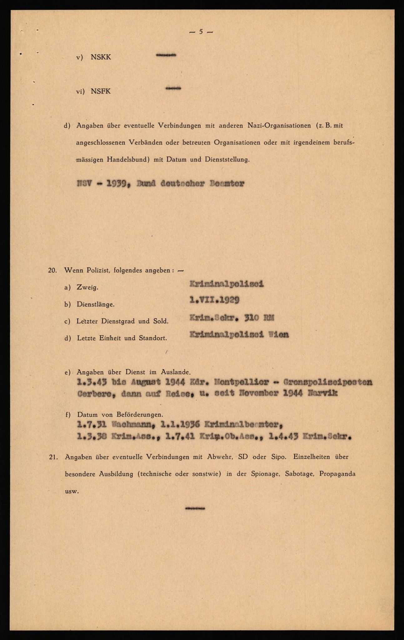 Forsvaret, Forsvarets overkommando II, AV/RA-RAFA-3915/D/Db/L0040: CI Questionaires. Tyske okkupasjonsstyrker i Norge. Østerrikere., 1945-1946, s. 32