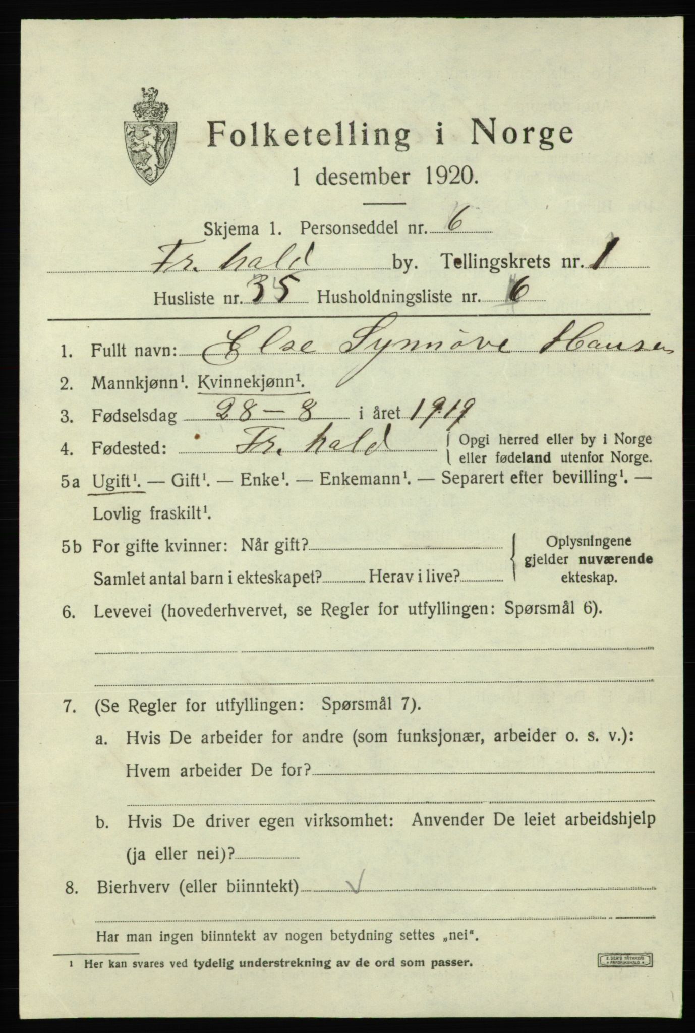 SAO, Folketelling 1920 for 0101 Fredrikshald kjøpstad, 1920, s. 8753