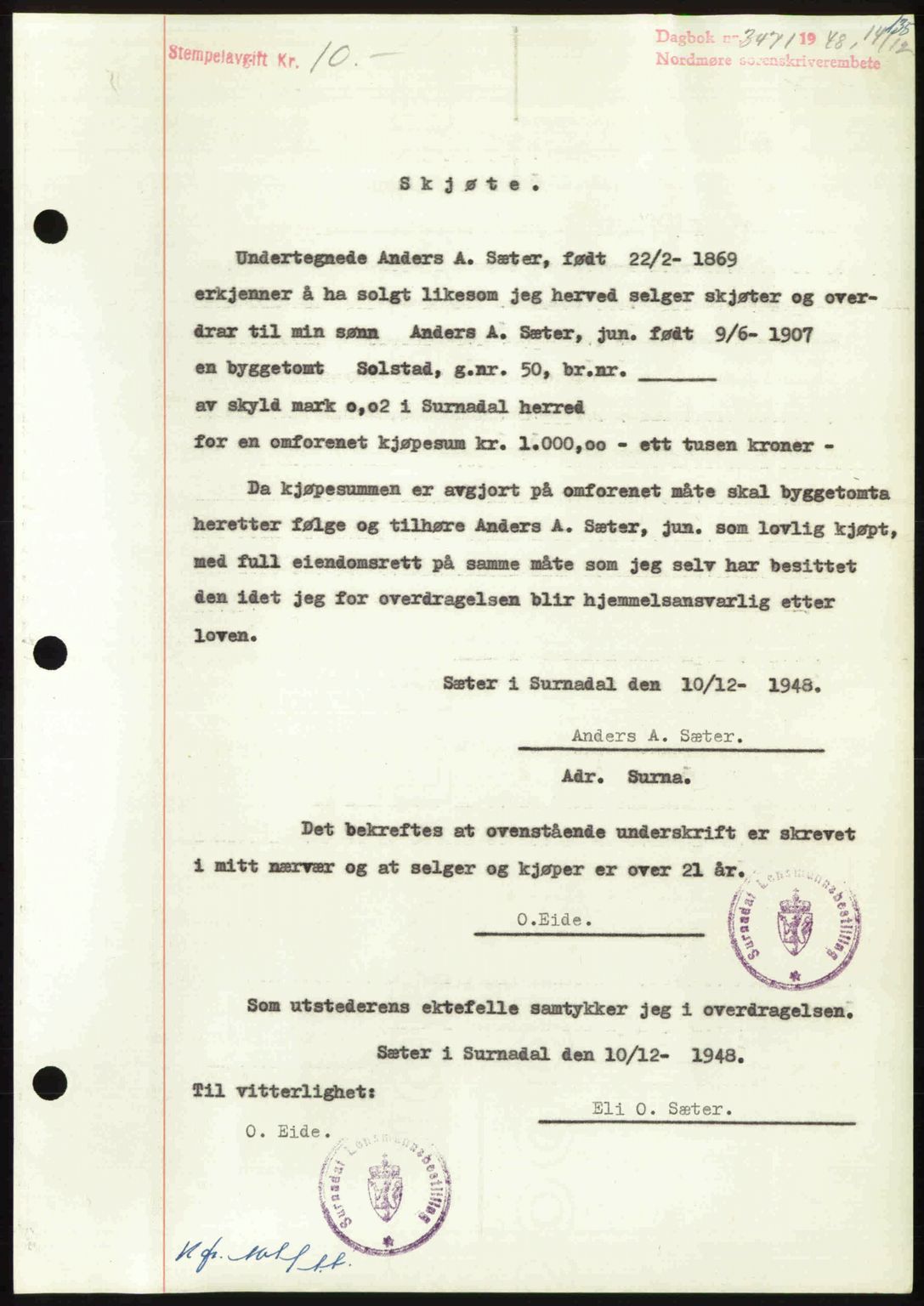 Nordmøre sorenskriveri, SAT/A-4132/1/2/2Ca: Pantebok nr. A110, 1948-1949, Dagboknr: 3471/1948