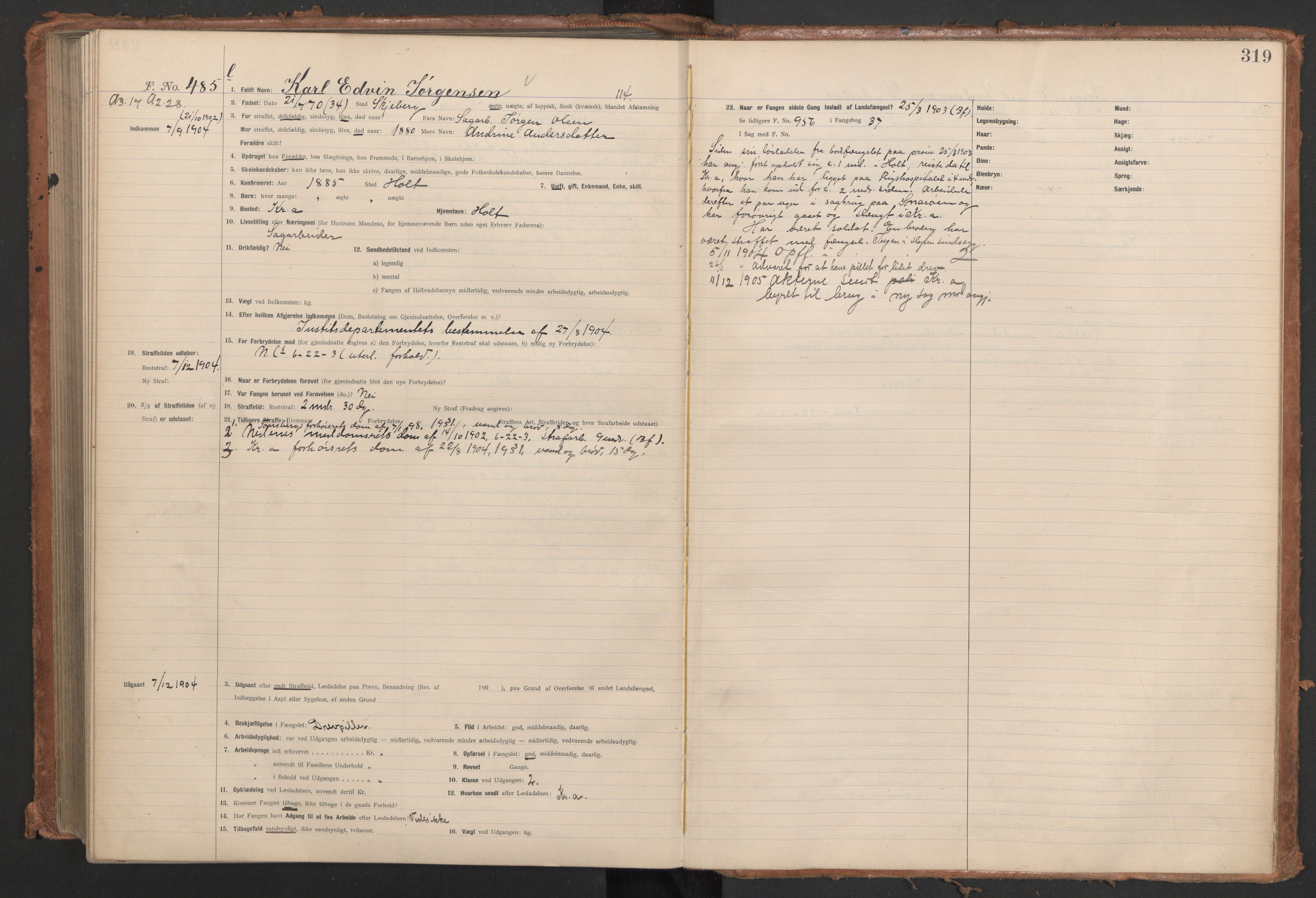 Botsfengslet, AV/RA-S-1539/D/Db/Dbb/L0038: 167l - 478l, 1903-1904, s. 319