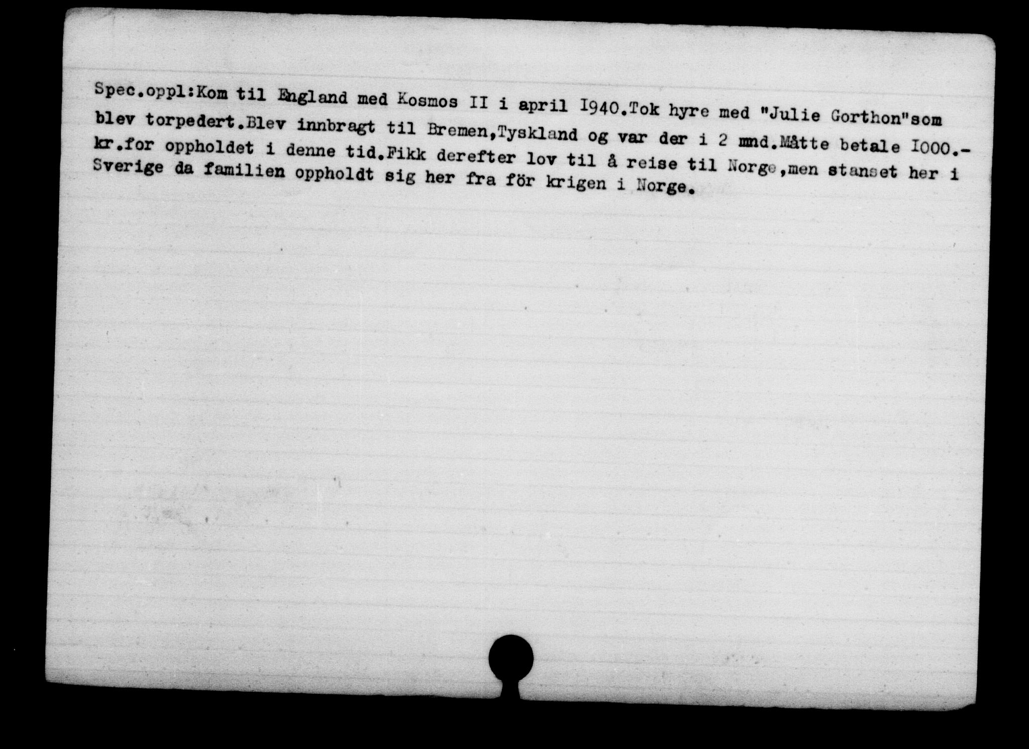 Den Kgl. Norske Legasjons Flyktningskontor, RA/S-6753/V/Va/L0003: Kjesäterkartoteket.  Flyktningenr. 2001-3495, 1940-1945, s. 900