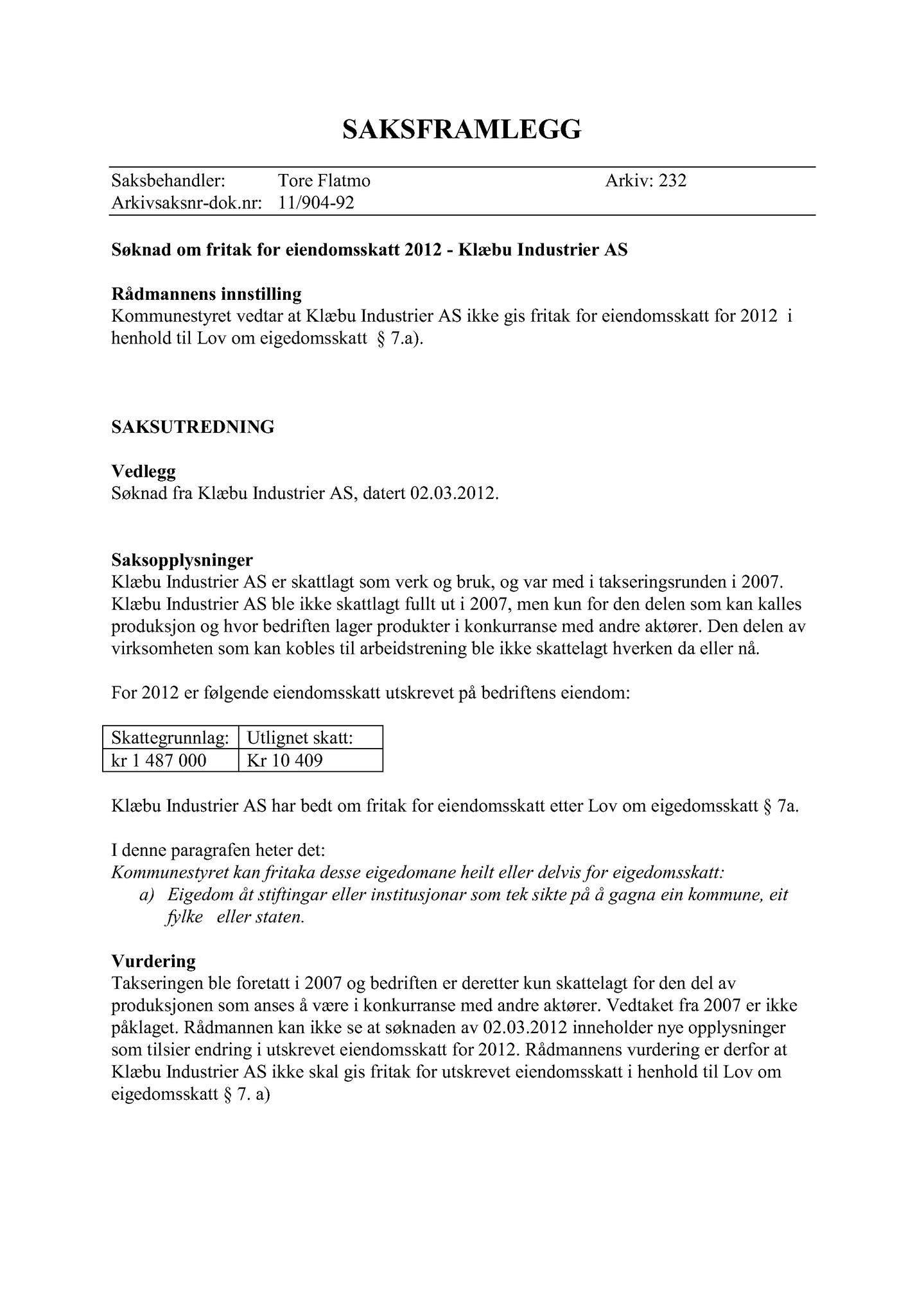 Klæbu Kommune, TRKO/KK/02-FS/L005: Formannsskapet - Møtedokumenter, 2012, s. 1210