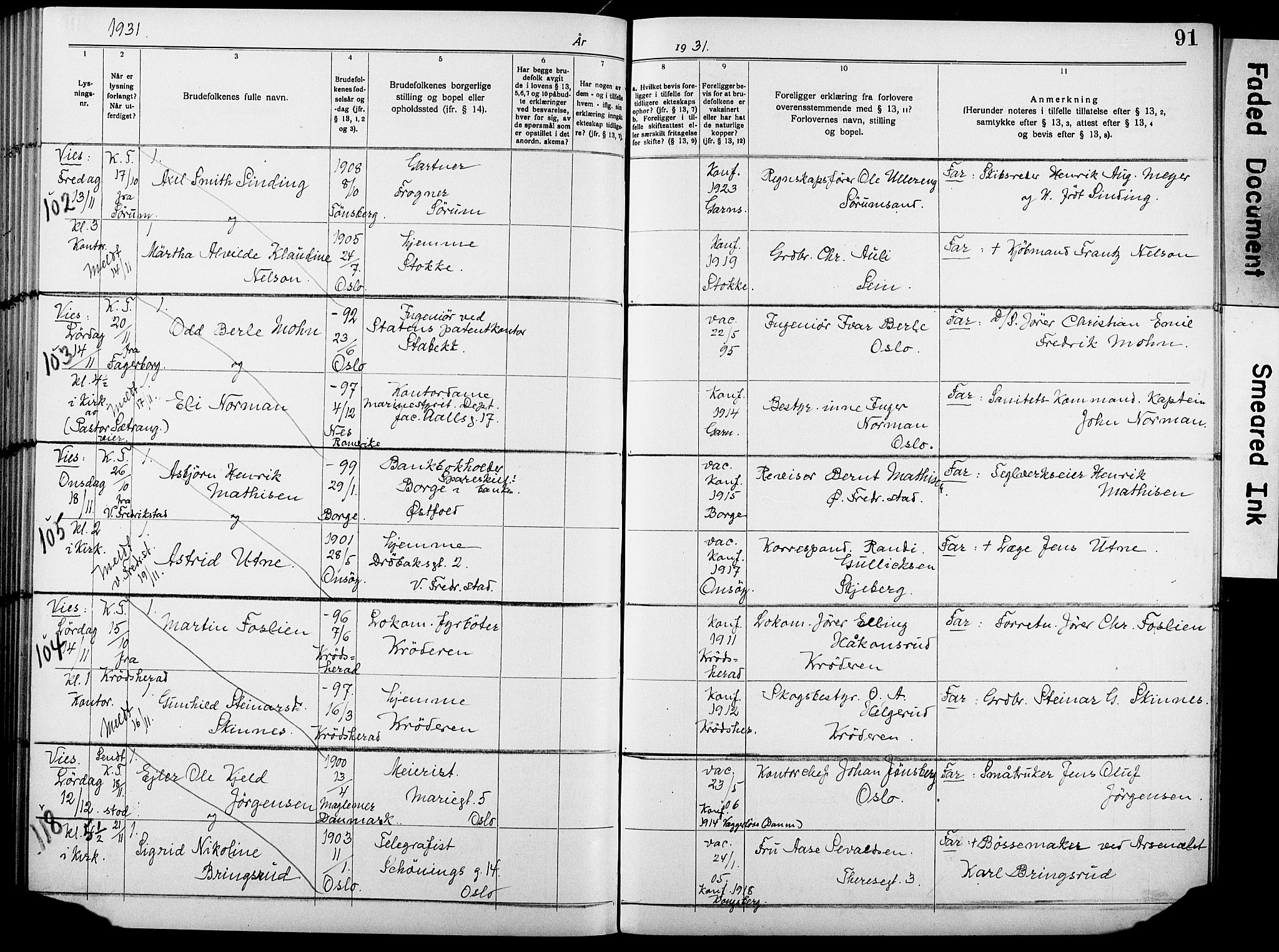 Garnisonsmenigheten Kirkebøker, AV/SAO-A-10846/H/Ha/L0010: Lysningsprotokoll nr. I 10, 1922-1932, s. 91