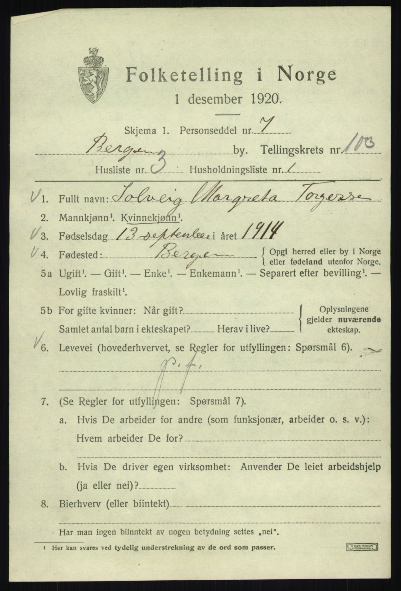 SAB, Folketelling 1920 for 1301 Bergen kjøpstad, 1920, s. 179272