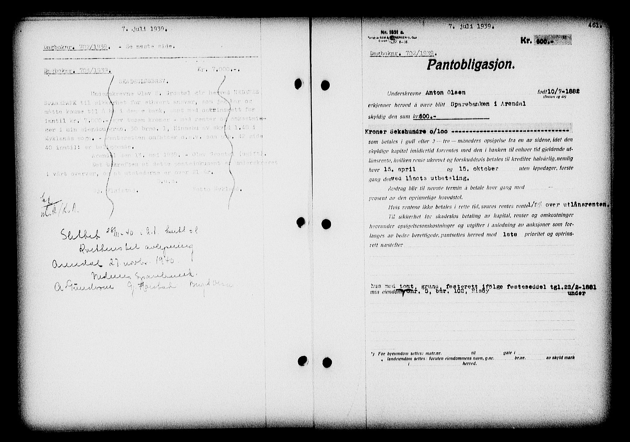Nedenes sorenskriveri, SAK/1221-0006/G/Gb/Gba/L0046: Pantebok nr. 42, 1938-1939, Dagboknr: 702/1939