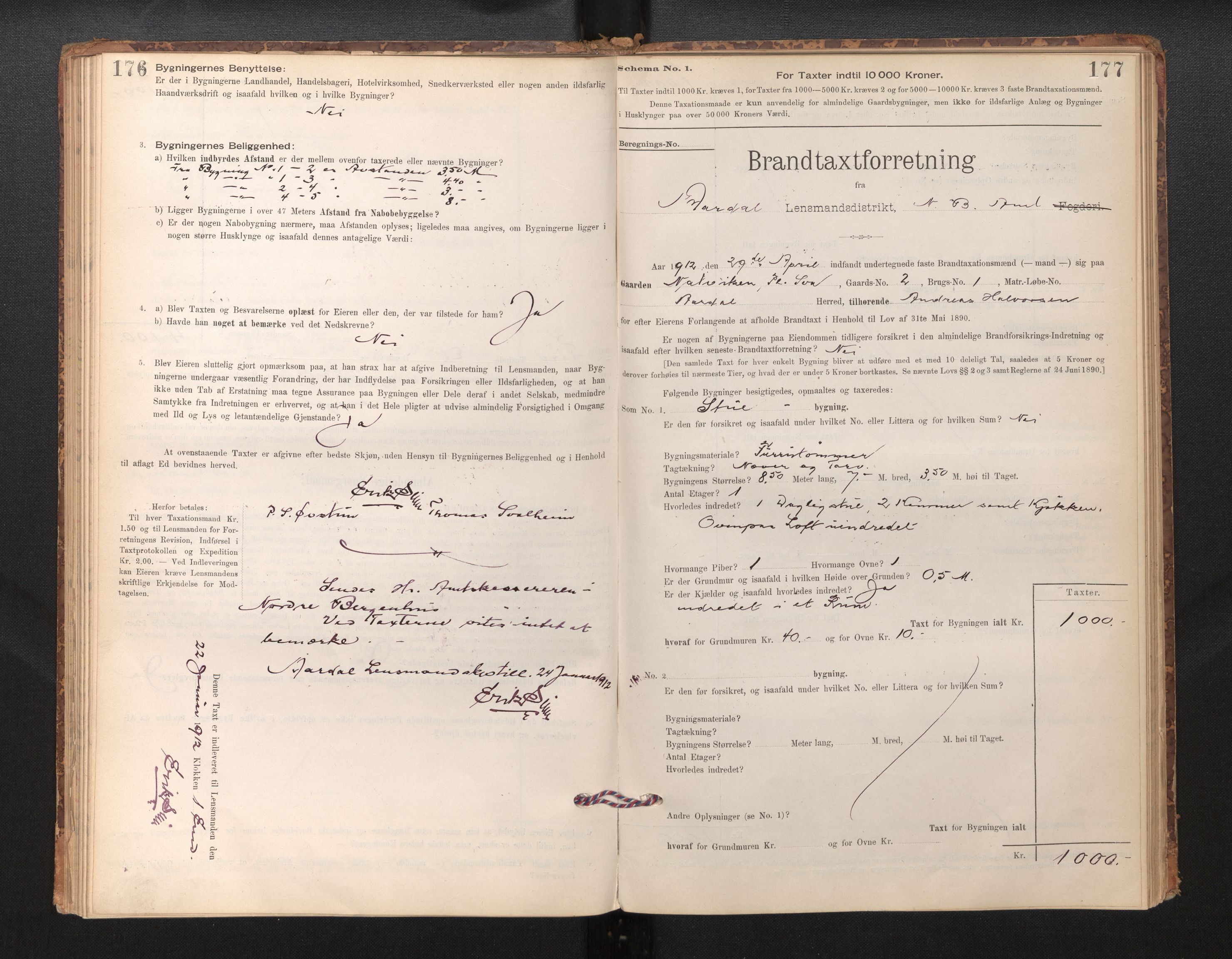 Lensmannen i Årdal, SAB/A-30501/0012/L0008: Branntakstprotokoll, skjematakst, 1895-1915, s. 176-177