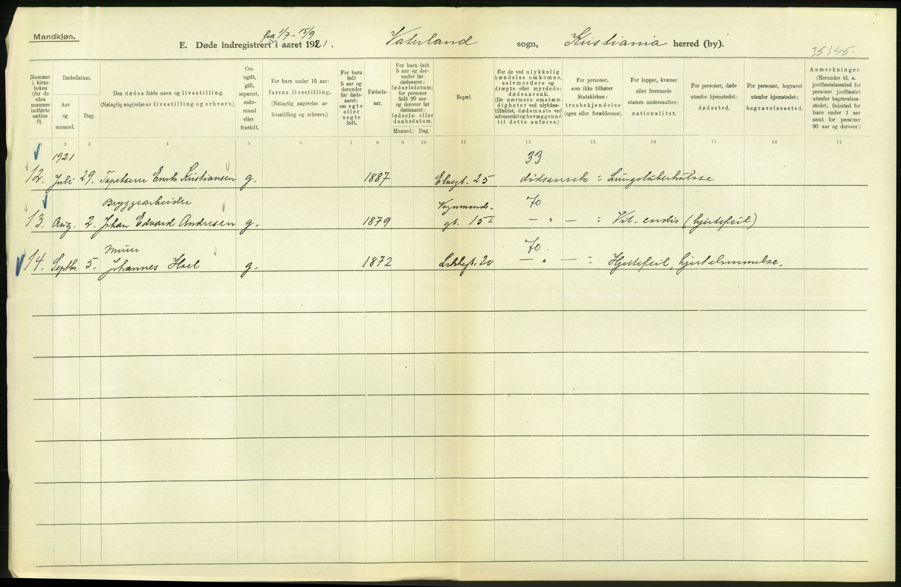 Statistisk sentralbyrå, Sosiodemografiske emner, Befolkning, RA/S-2228/D/Df/Dfc/Dfca/L0013: Kristiania: Døde, dødfødte, 1921, s. 114