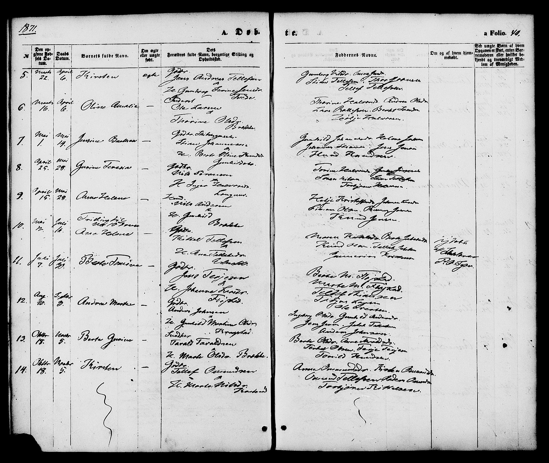 Austre Moland sokneprestkontor, AV/SAK-1111-0001/F/Fa/Faa/L0009: Ministerialbok nr. A 9, 1869-1879, s. 40