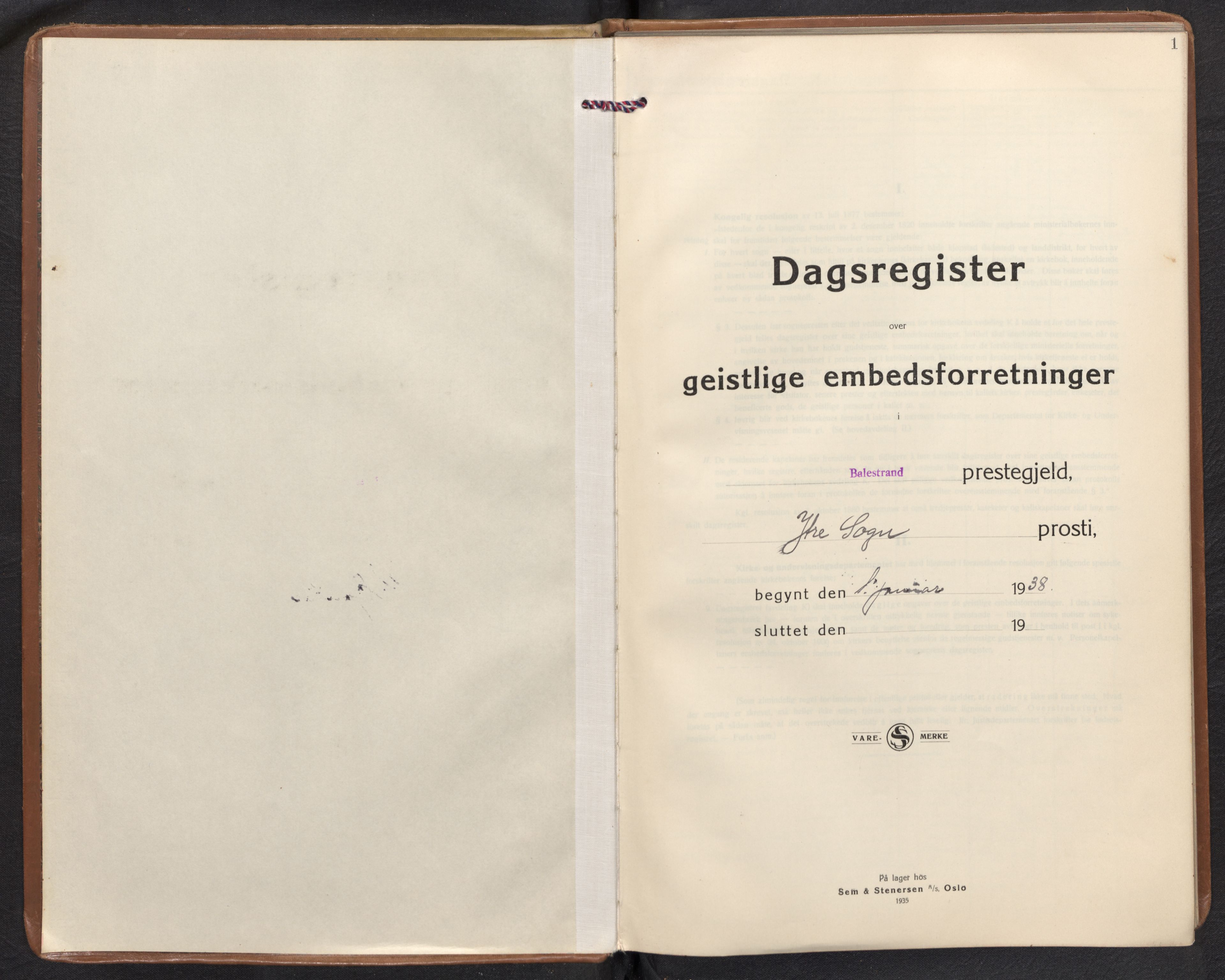 Balestrand sokneprestembete, AV/SAB-A-79601/H/Haa/Haag/L0003: Dagsregister nr. G 3, 1938-1962, s. 0b-1a
