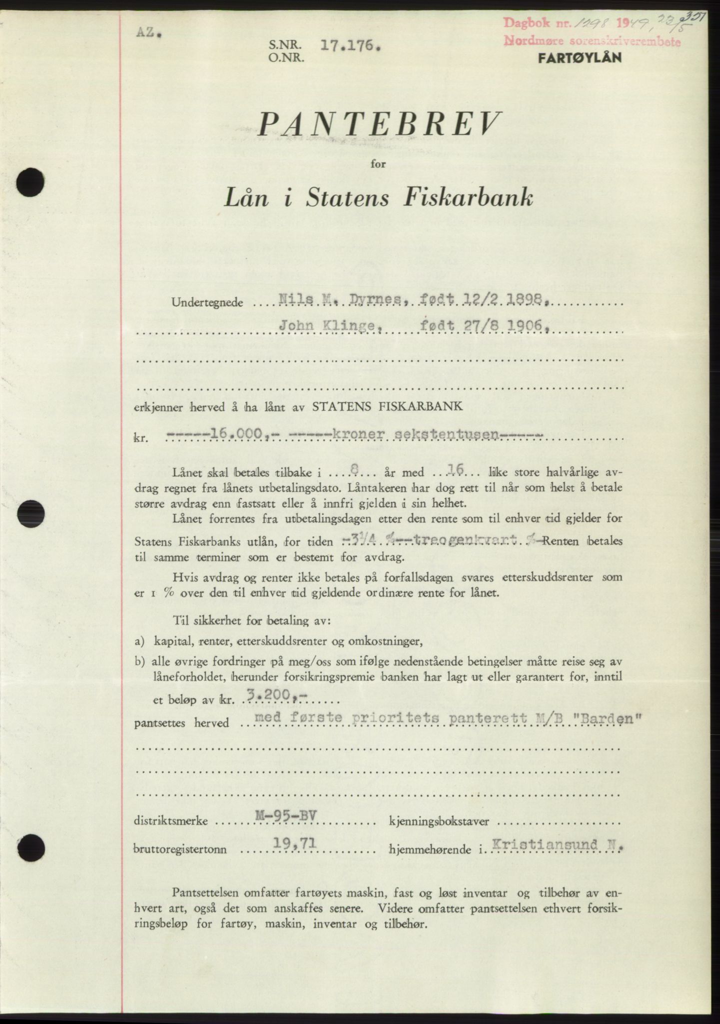 Nordmøre sorenskriveri, SAT/A-4132/1/2/2Ca: Pantebok nr. B101, 1949-1949, Dagboknr: 1298/1949