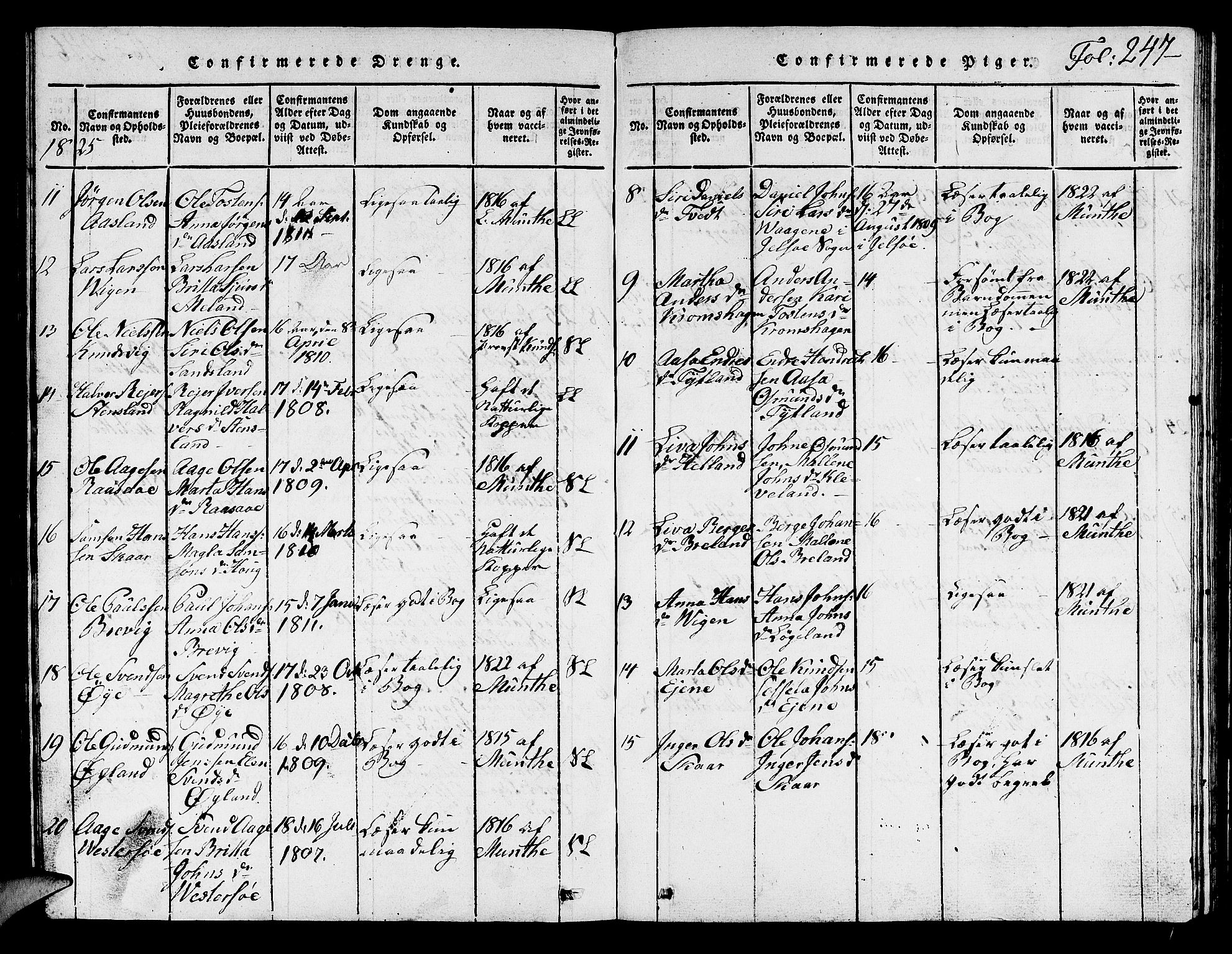 Hjelmeland sokneprestkontor, AV/SAST-A-101843/01/V/L0001: Klokkerbok nr. B 1, 1816-1841, s. 247