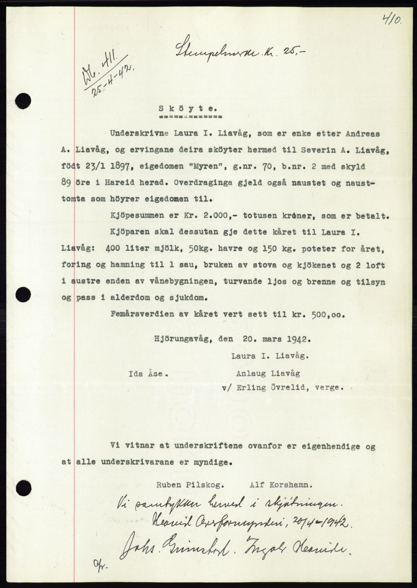 Søre Sunnmøre sorenskriveri, SAT/A-4122/1/2/2C/L0073: Pantebok nr. 67, 1941-1942, Dagboknr: 411/1942