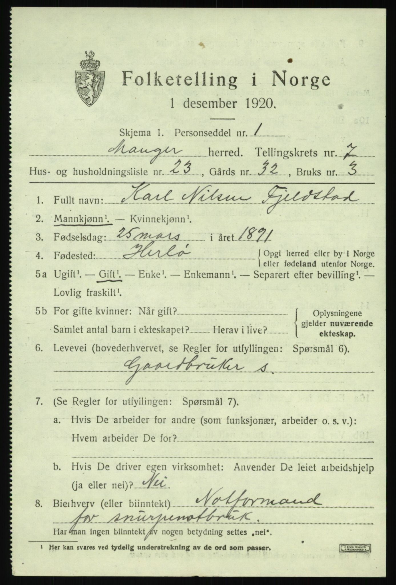 SAB, Folketelling 1920 for 1261 Manger herred, 1920, s. 4631
