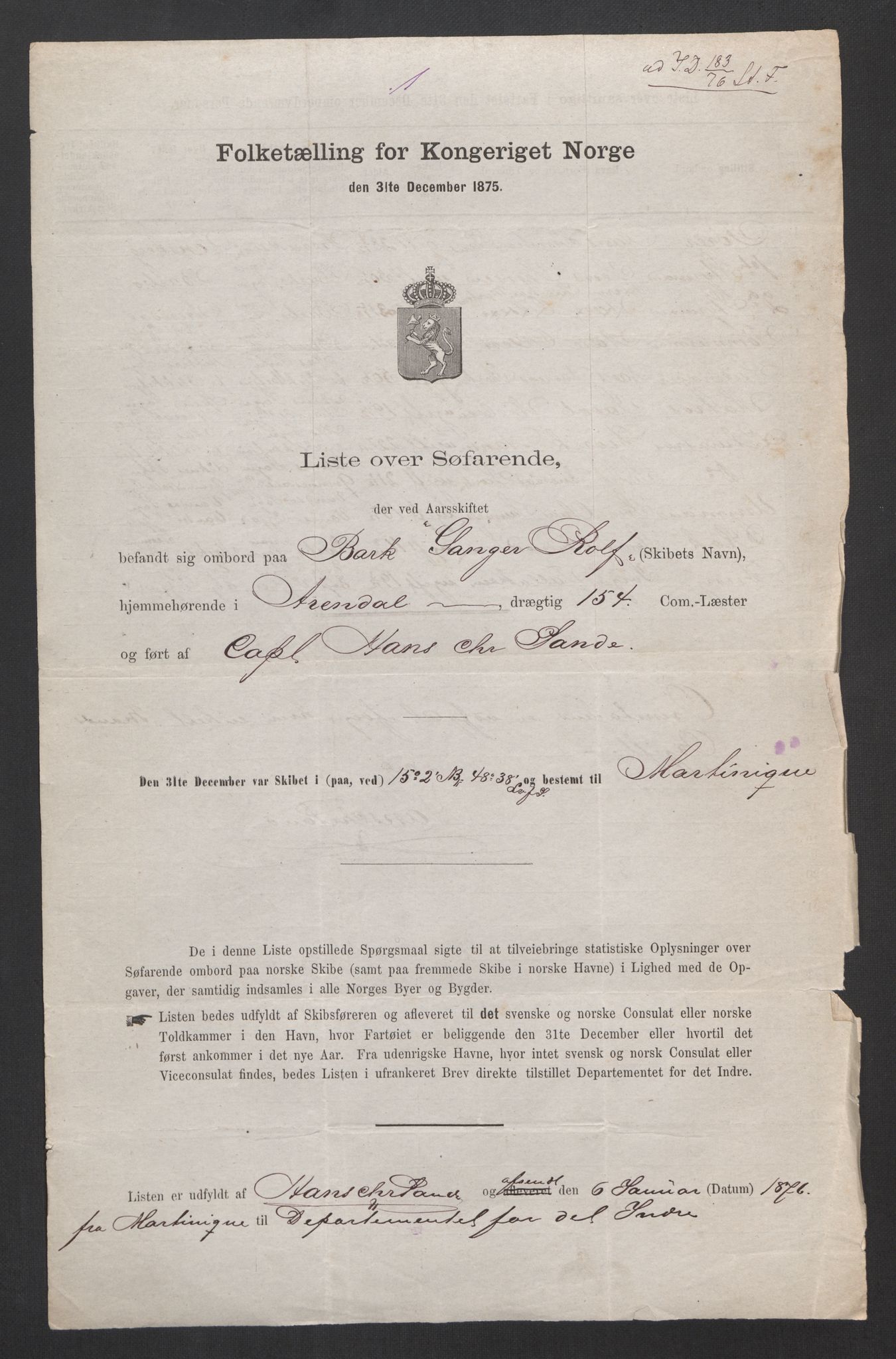 RA, Folketelling 1875, skipslister: Skip i utenrikske havner, hjemmehørende i byer og ladesteder, Fredrikshald - Arendal, 1875, s. 1093