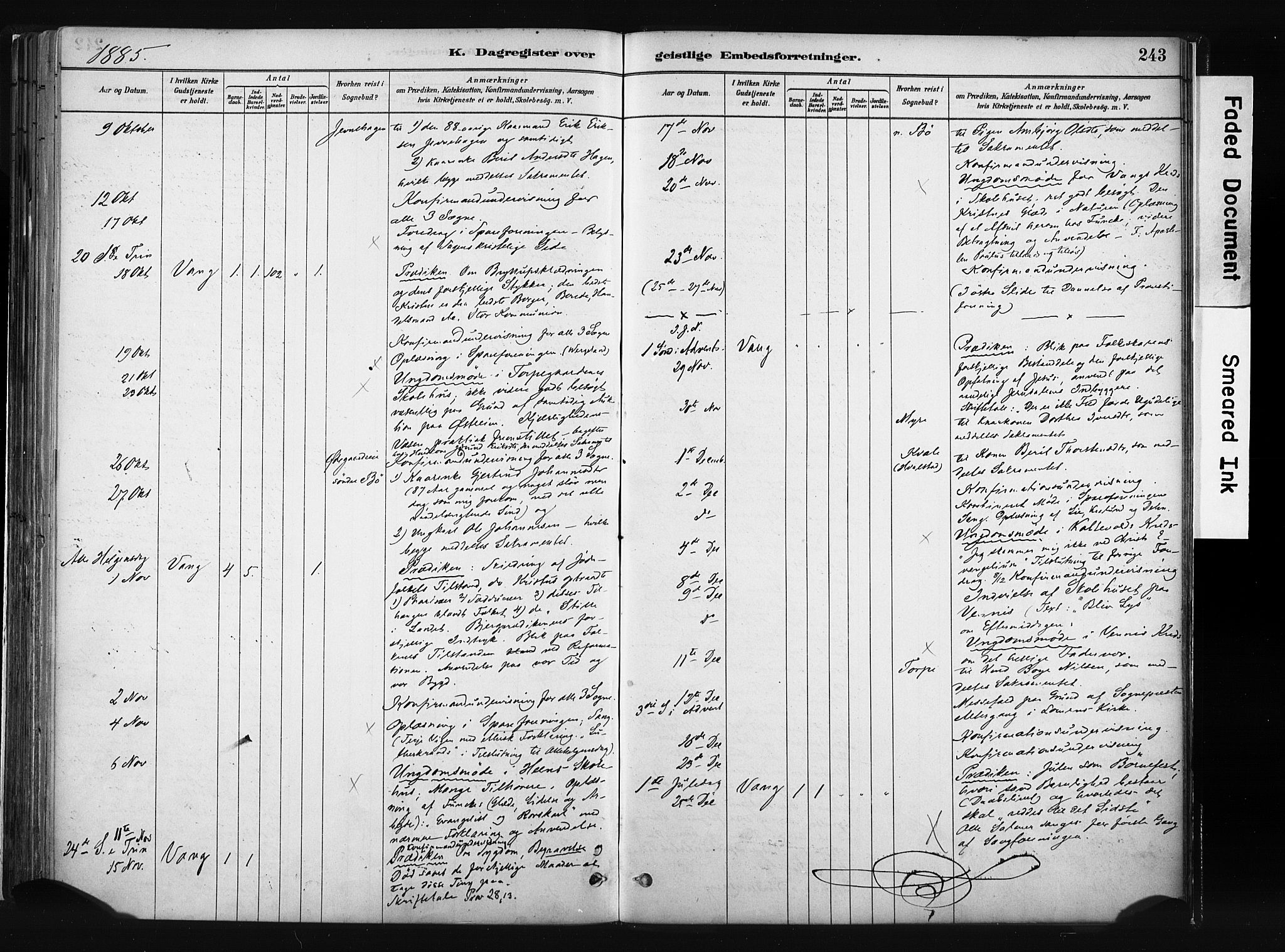 Vang prestekontor, Valdres, AV/SAH-PREST-140/H/Ha/L0008: Ministerialbok nr. 8, 1882-1910, s. 243