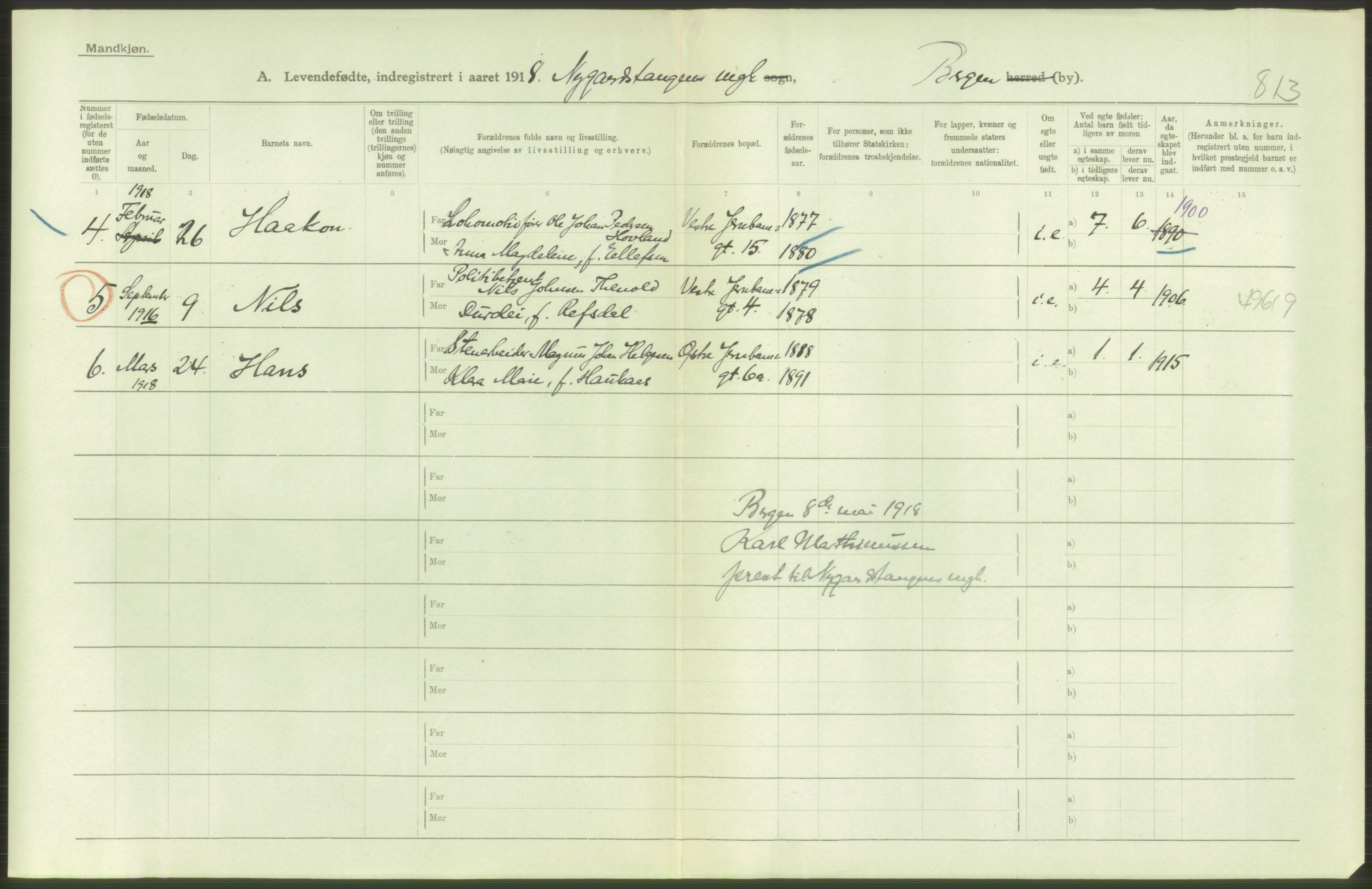 Statistisk sentralbyrå, Sosiodemografiske emner, Befolkning, AV/RA-S-2228/D/Df/Dfb/Dfbh/L0037: Bergen: Levendefødte menn og kvinner., 1918, s. 6