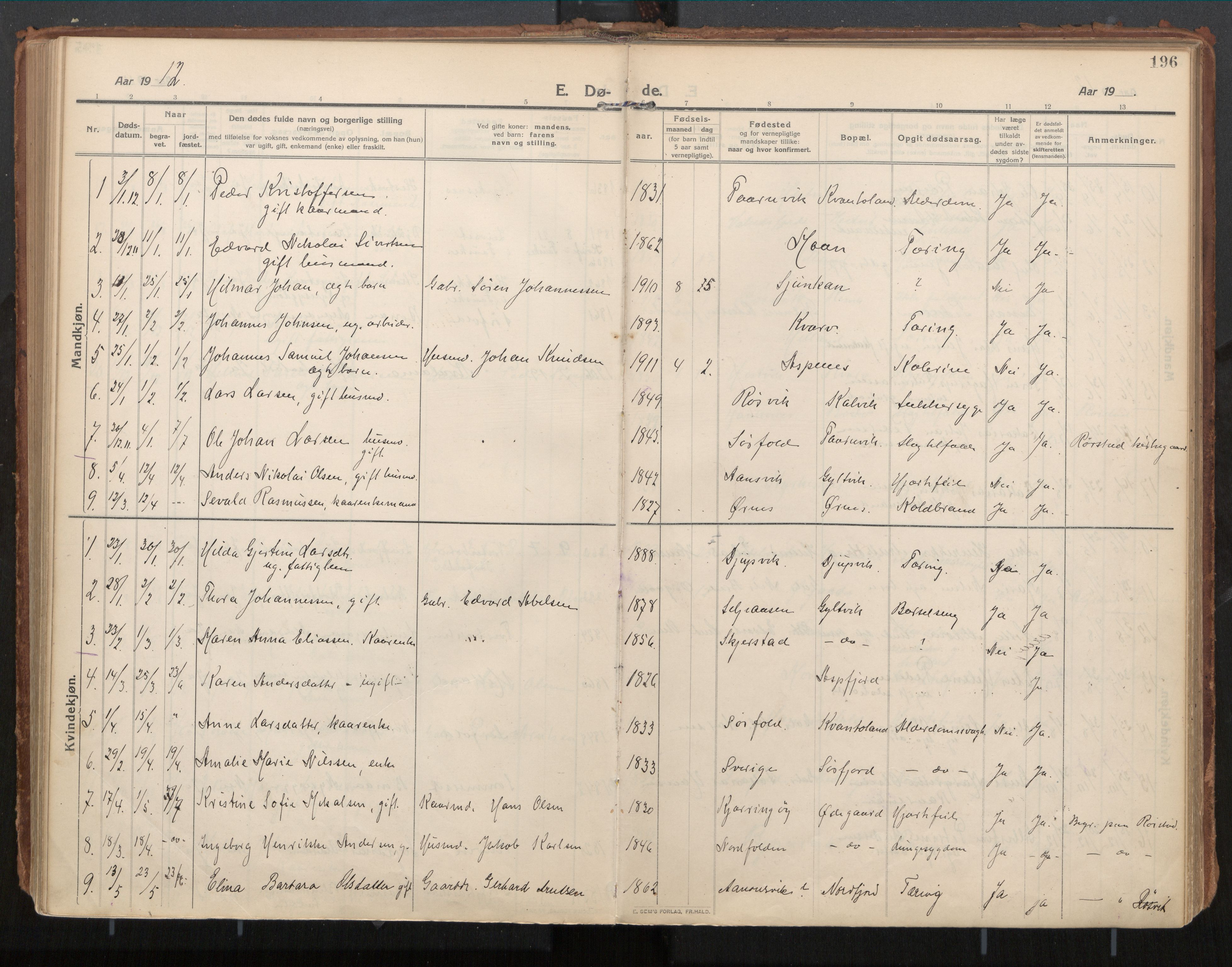 Ministerialprotokoller, klokkerbøker og fødselsregistre - Nordland, AV/SAT-A-1459/854/L0784: Ministerialbok nr. 854A07, 1910-1922, s. 196