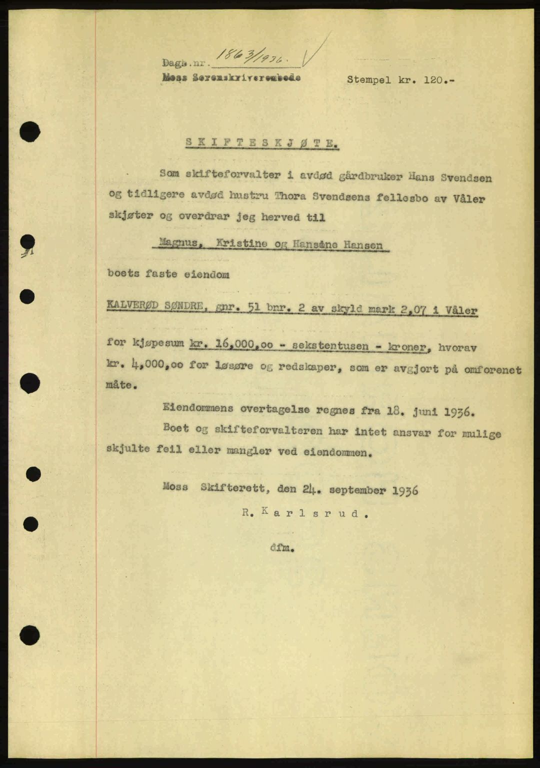 Moss sorenskriveri, SAO/A-10168: Pantebok nr. A1, 1936-1936, Dagboknr: 1863/1936