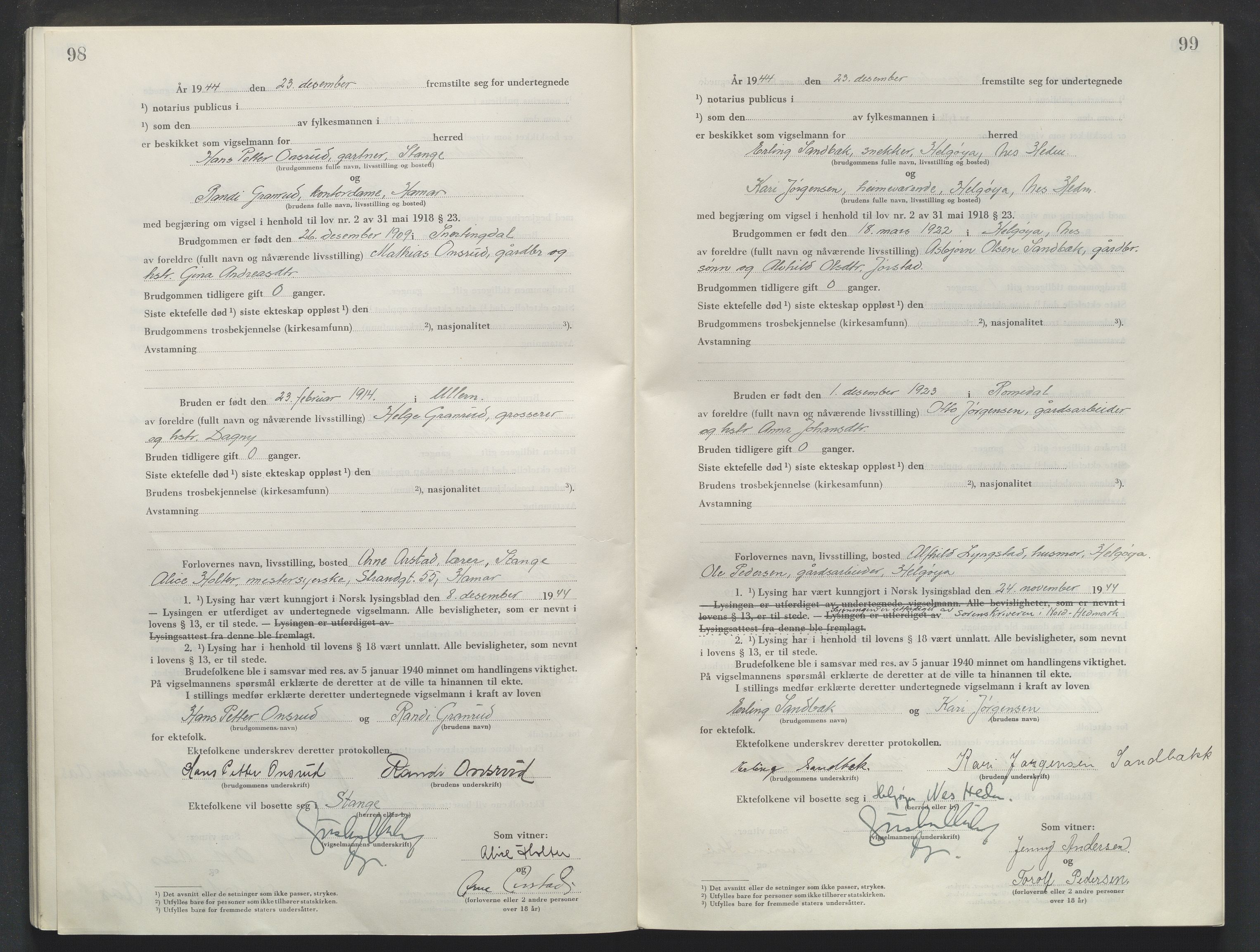 Sør-Hedmark sorenskriveri, AV/SAH-TING-014/L/Le/L0002/0001: Vigselsbøker / Vigselbok, 1944-1945, s. 100-101