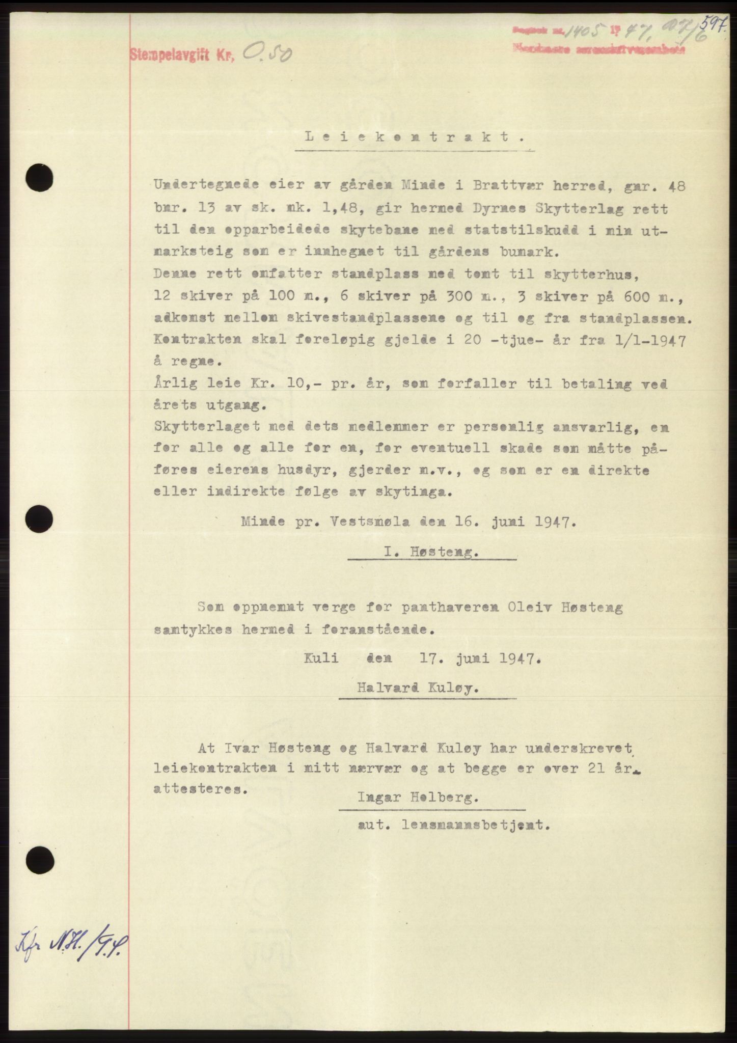 Nordmøre sorenskriveri, SAT/A-4132/1/2/2Ca: Pantebok nr. B96, 1947-1947, Dagboknr: 1405/1947