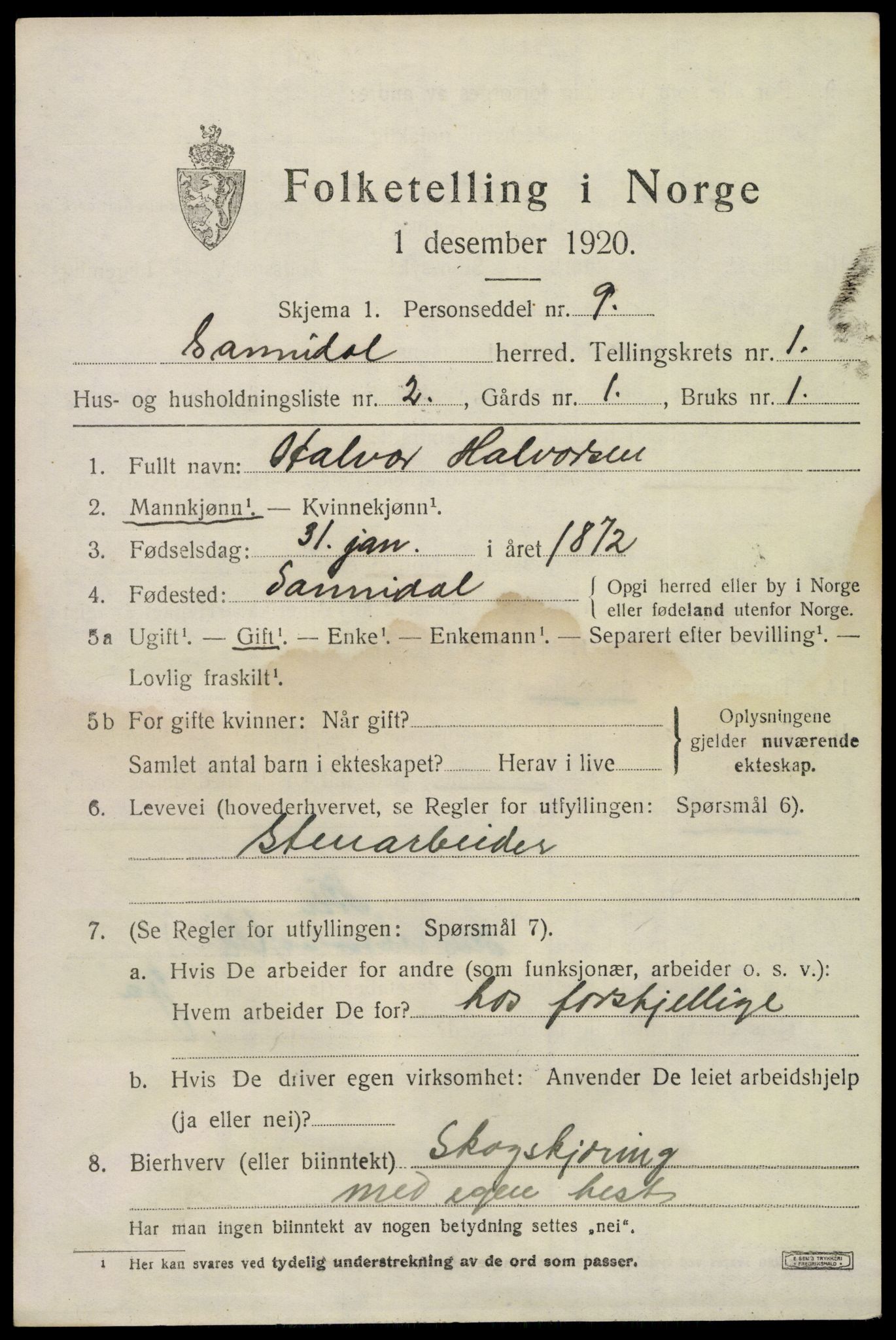 SAKO, Folketelling 1920 for 0816 Sannidal herred, 1920, s. 1057