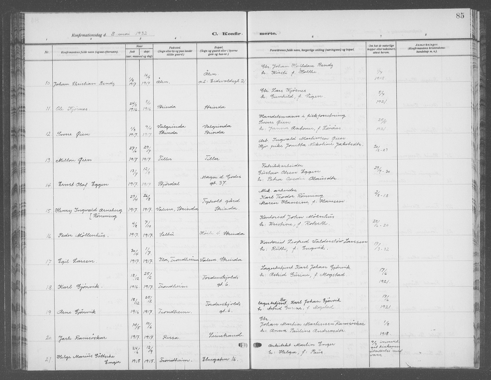 Ministerialprotokoller, klokkerbøker og fødselsregistre - Sør-Trøndelag, SAT/A-1456/601/L0099: Klokkerbok nr. 601C17, 1928-1941, s. 85