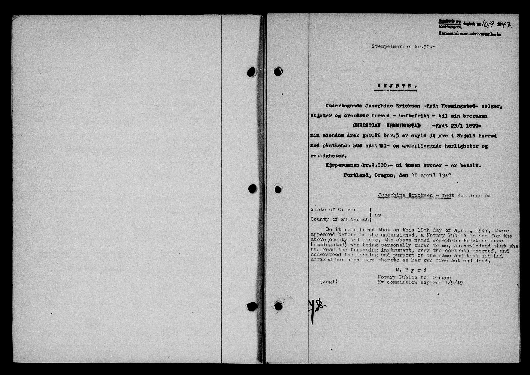 Karmsund sorenskriveri, SAST/A-100311/01/II/IIB/L0089: Pantebok nr. 69A, 1947-1947, Dagboknr: 1019/1947
