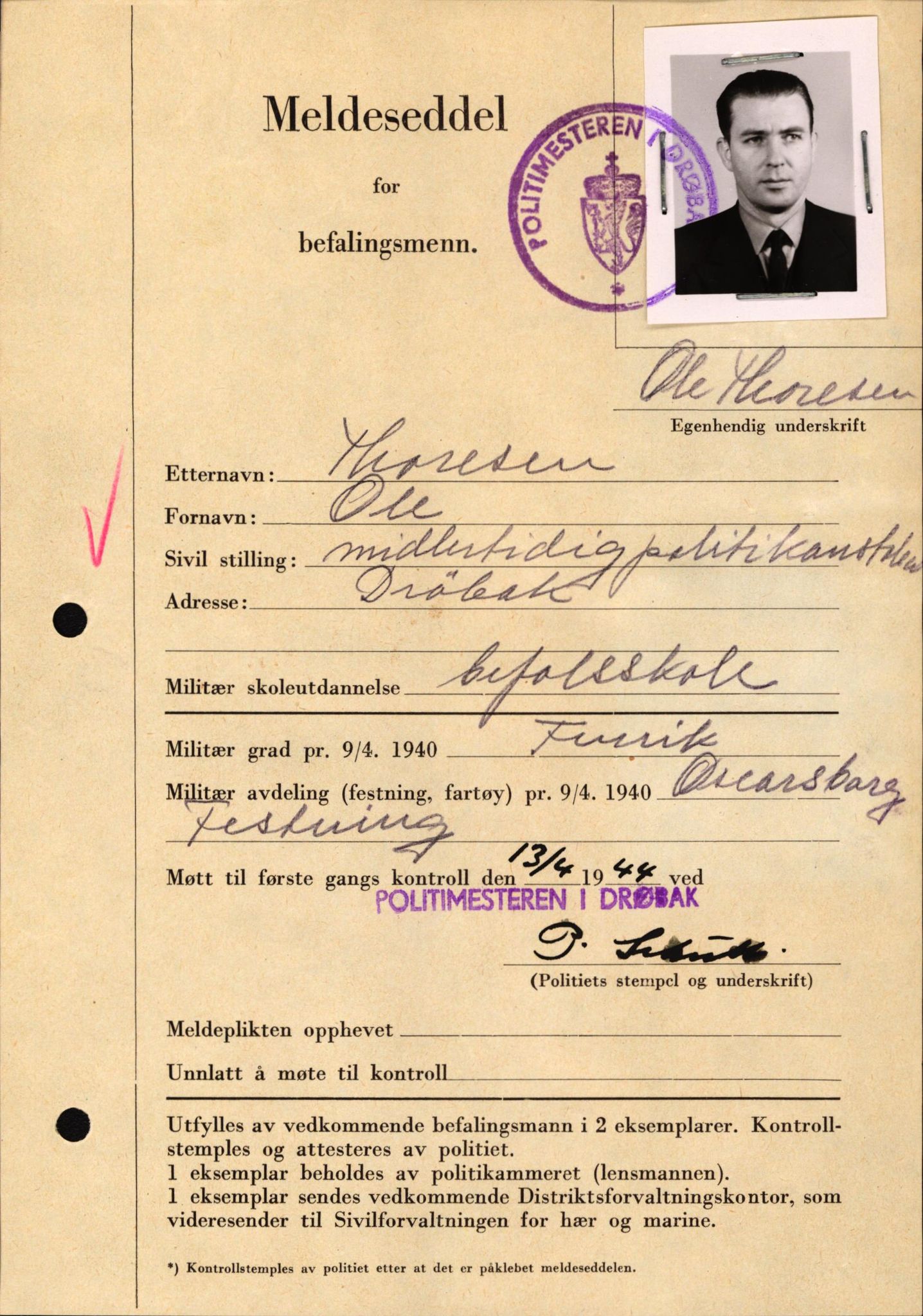 Forsvaret, Forsvarets krigshistoriske avdeling, AV/RA-RAFA-2017/Y/Yf/L0209: II-C-11-2121  -  Okkupasjonstiden.  Meldesedler for befal med foto og oppl. om militær grad 9. apr. 1940., 1944-1945, s. 1093
