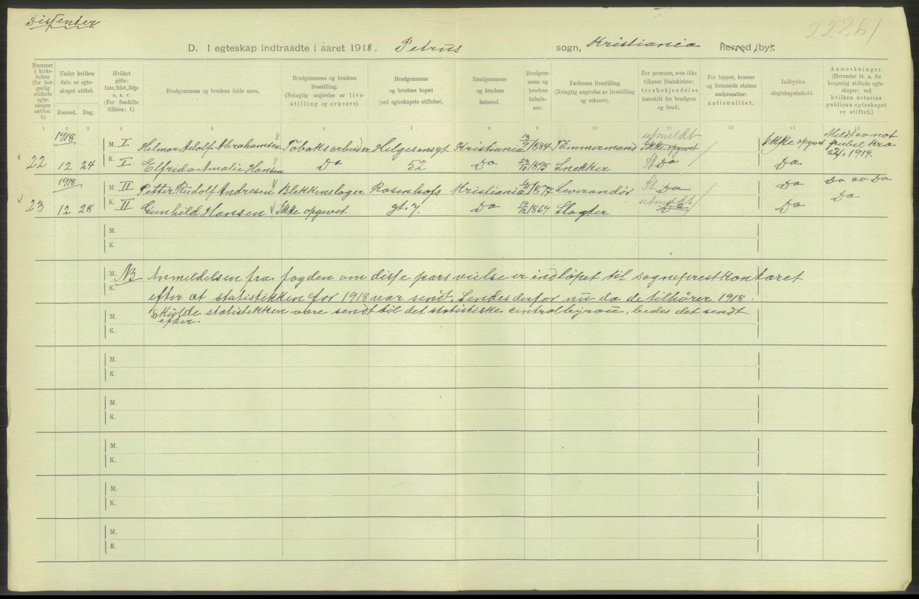 Statistisk sentralbyrå, Sosiodemografiske emner, Befolkning, AV/RA-S-2228/D/Df/Dfb/Dfbh/L0009: Kristiania: Gifte, 1918, s. 520