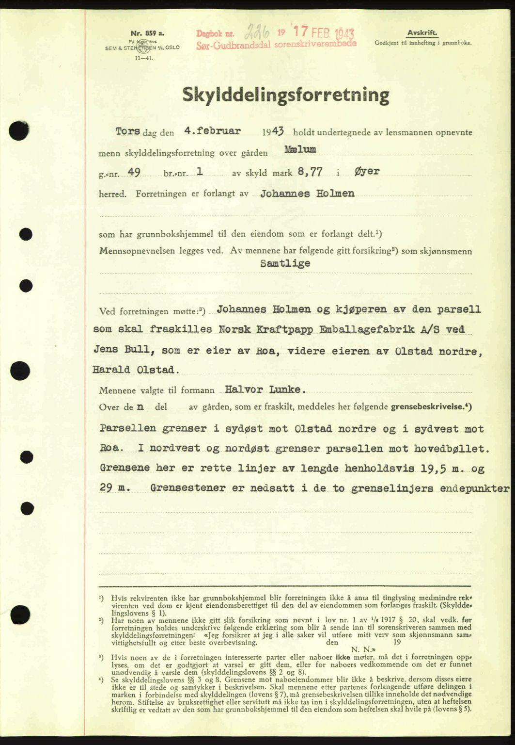 Sør-Gudbrandsdal tingrett, SAH/TING-004/H/Hb/Hbd/L0011: Pantebok nr. A11, 1942-1943, Dagboknr: 226/1943