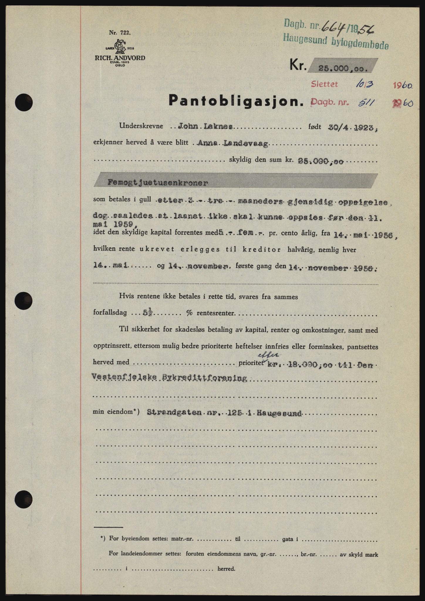 Haugesund tingrett, SAST/A-101415/01/II/IIC/L0042: Pantebok nr. B 42, 1956-1957, Dagboknr: 664/1956