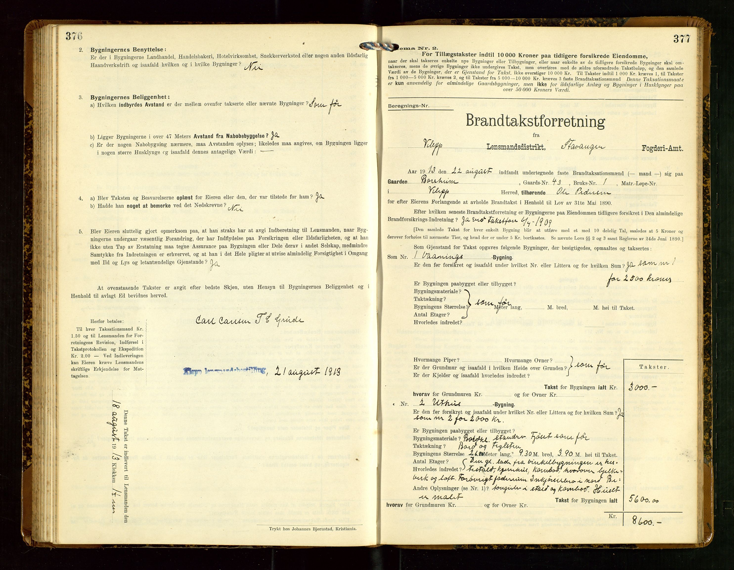 Klepp lensmannskontor, AV/SAST-A-100163/Goc/L0007: "Brandtaxationsprotokol" m/register, 1911-1915, s. 376-377