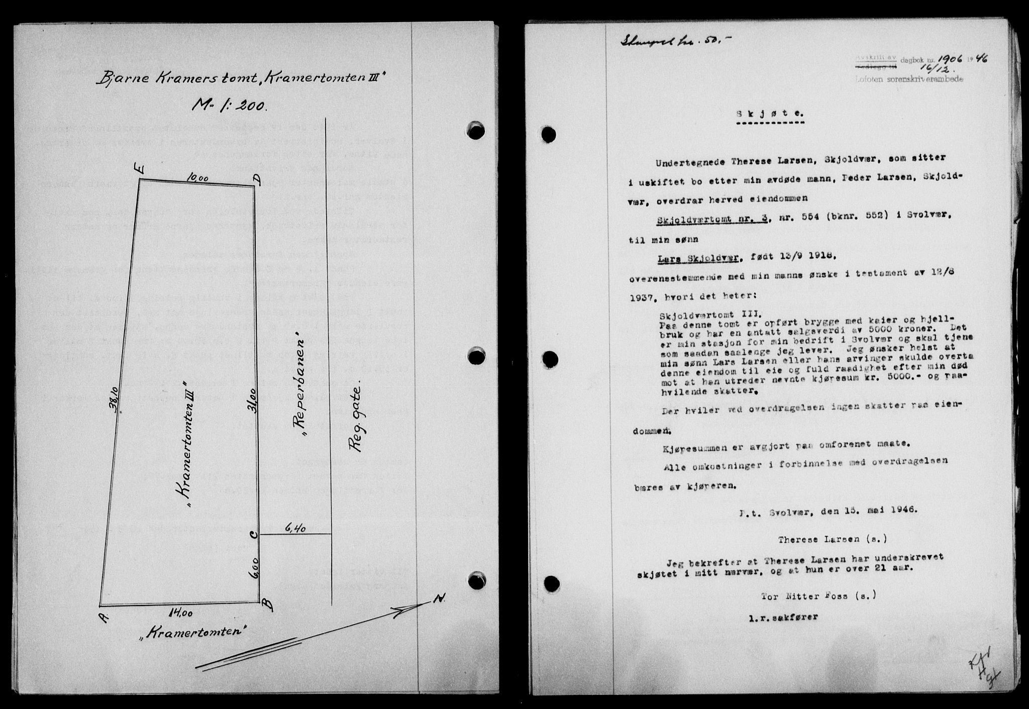 Lofoten sorenskriveri, SAT/A-0017/1/2/2C/L0015a: Pantebok nr. 15a, 1946-1947, Dagboknr: 1906/1946