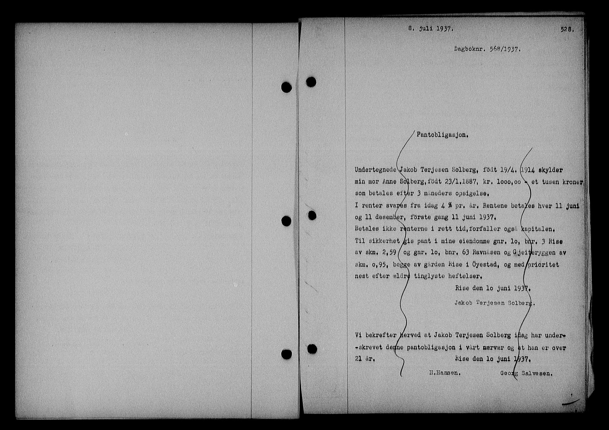 Nedenes sorenskriveri, SAK/1221-0006/G/Gb/Gba/L0043: Pantebok nr. 39, 1936-1937, Dagboknr: 568/1937