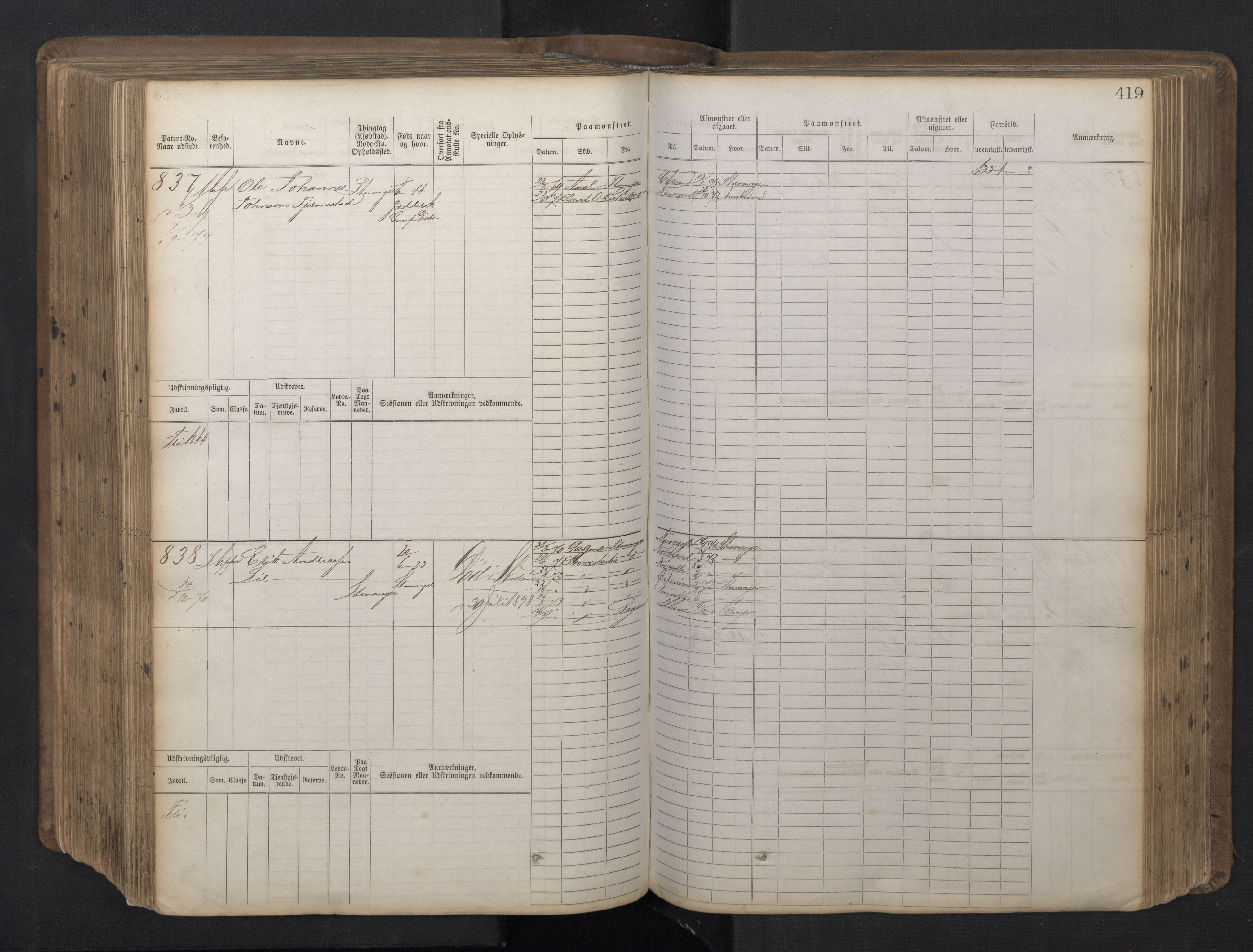 Stavanger sjømannskontor, AV/SAST-A-102006/F/Fb/Fbb/L0016: Sjøfartshovedrulle patnentnr. 1-1202 (dublett), 1869, s. 419