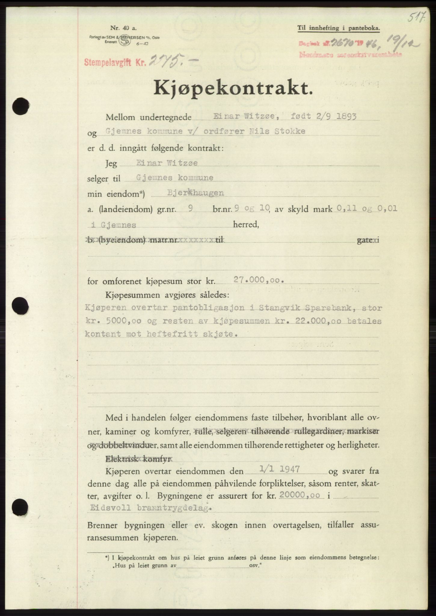 Nordmøre sorenskriveri, SAT/A-4132/1/2/2Ca: Pantebok nr. B95, 1946-1947, Dagboknr: 2670/1946