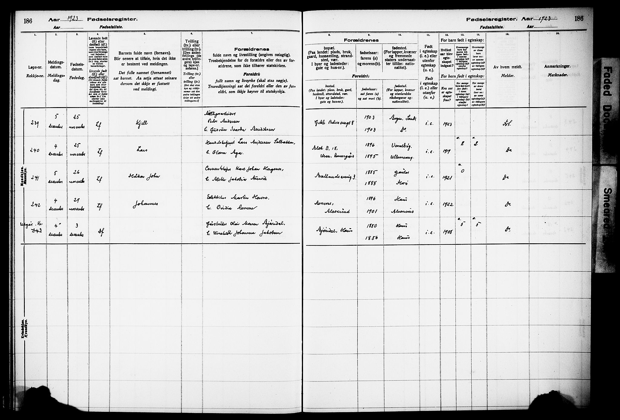 Kvinneklinikken, AV/SAB-A-76301/F/L0A02: Fødselsregister nr. A 2, 1920-1924, s. 186