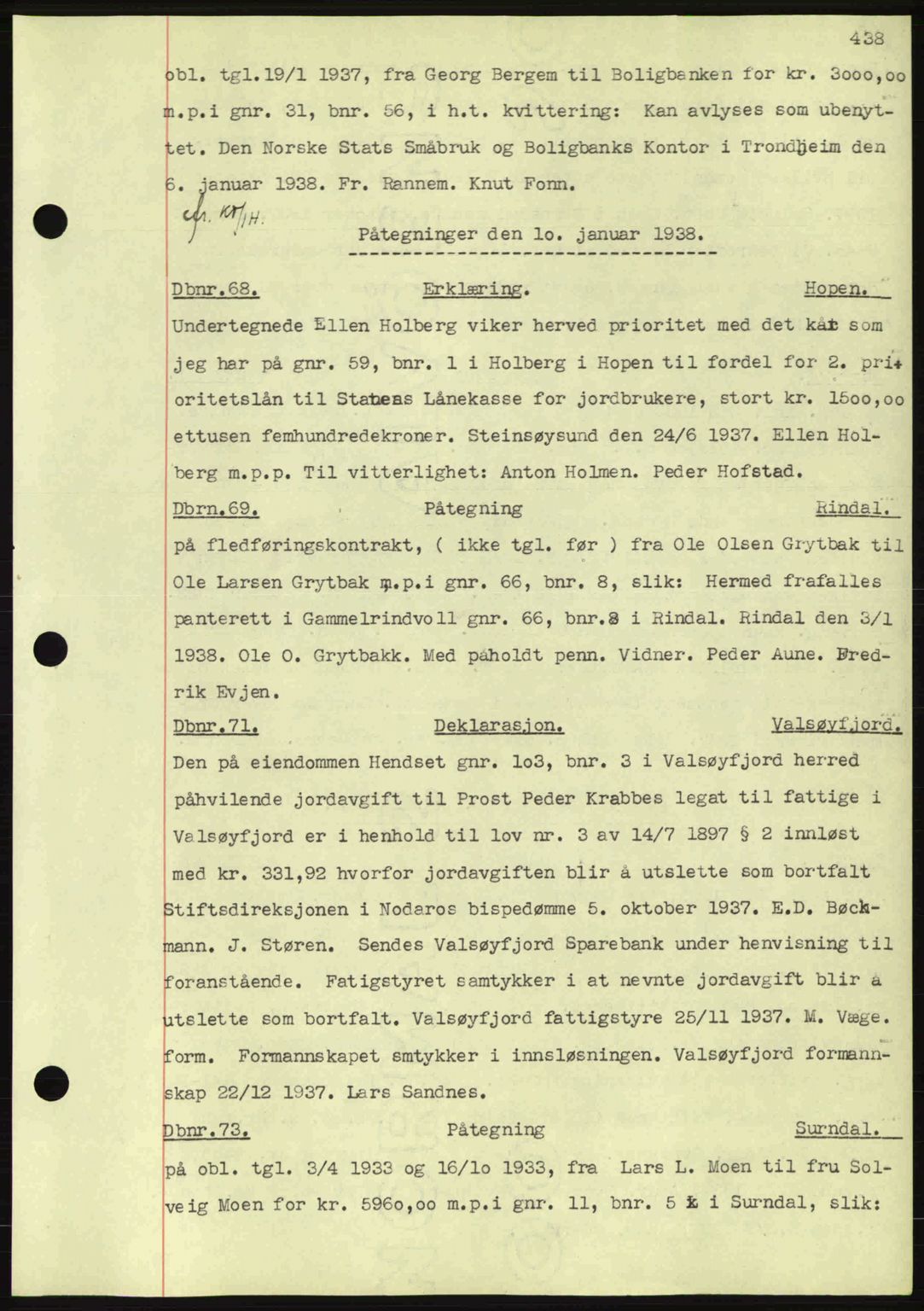Nordmøre sorenskriveri, SAT/A-4132/1/2/2Ca: Pantebok nr. C80, 1936-1939, Dagboknr: 68/1938