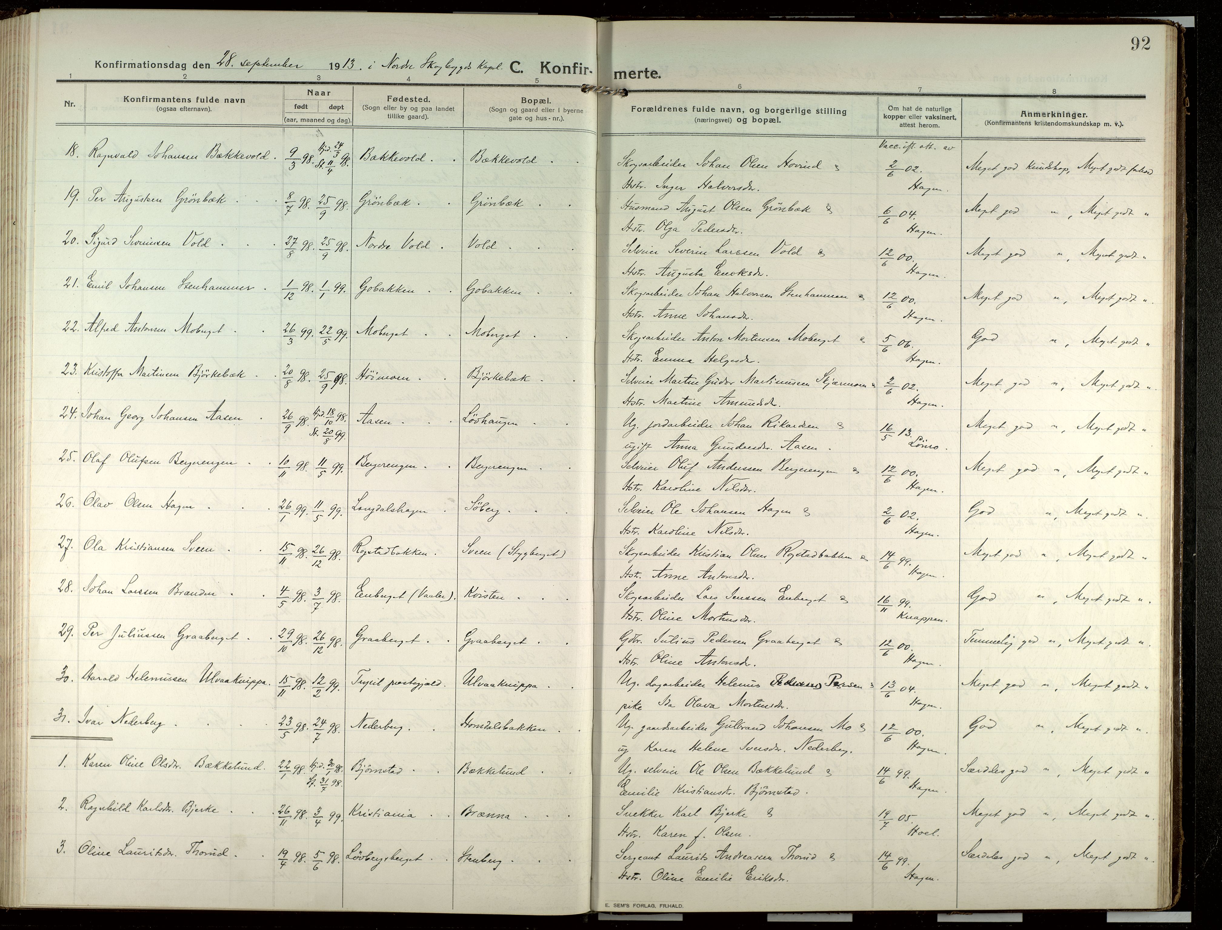Elverum prestekontor, AV/SAH-PREST-044/H/Ha/Haa/L0022: Ministerialbok nr. 22, 1913-1924, s. 92