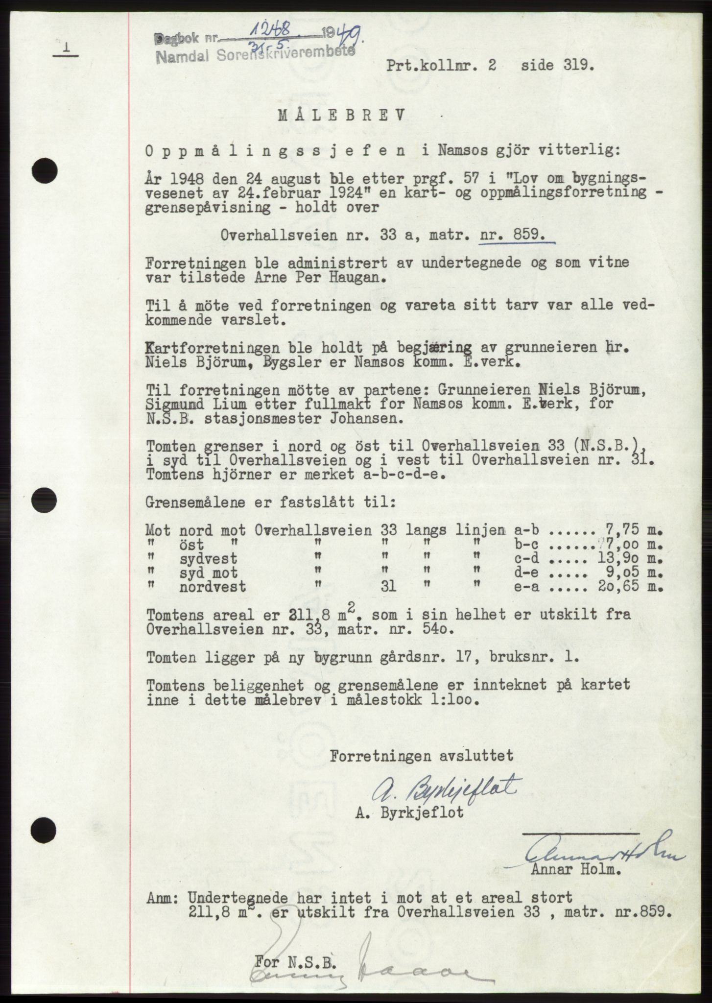 Namdal sorenskriveri, SAT/A-4133/1/2/2C: Pantebok nr. -, 1949-1949, Dagboknr: 1248/1949