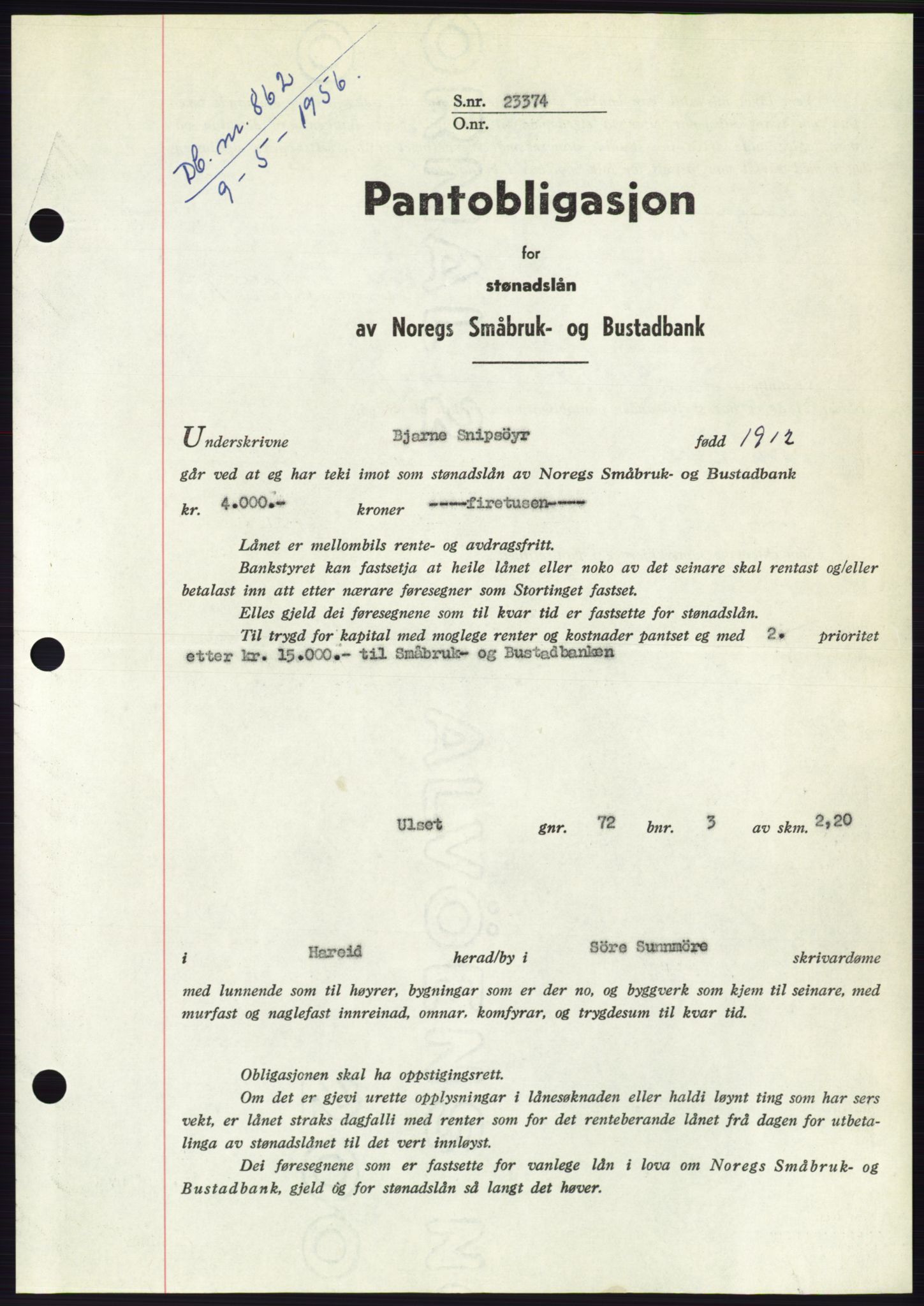 Søre Sunnmøre sorenskriveri, SAT/A-4122/1/2/2C/L0128: Pantebok nr. 16B, 1956-1956, Dagboknr: 862/1956