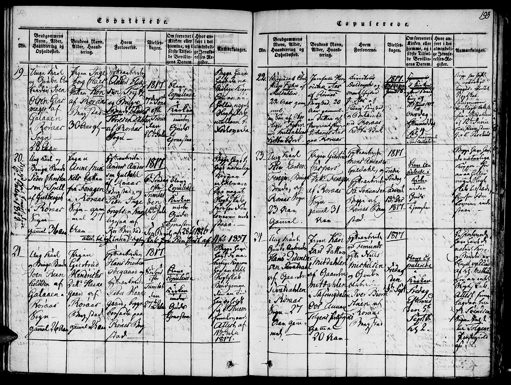 Ministerialprotokoller, klokkerbøker og fødselsregistre - Sør-Trøndelag, SAT/A-1456/681/L0929: Ministerialbok nr. 681A07, 1817-1828, s. 193