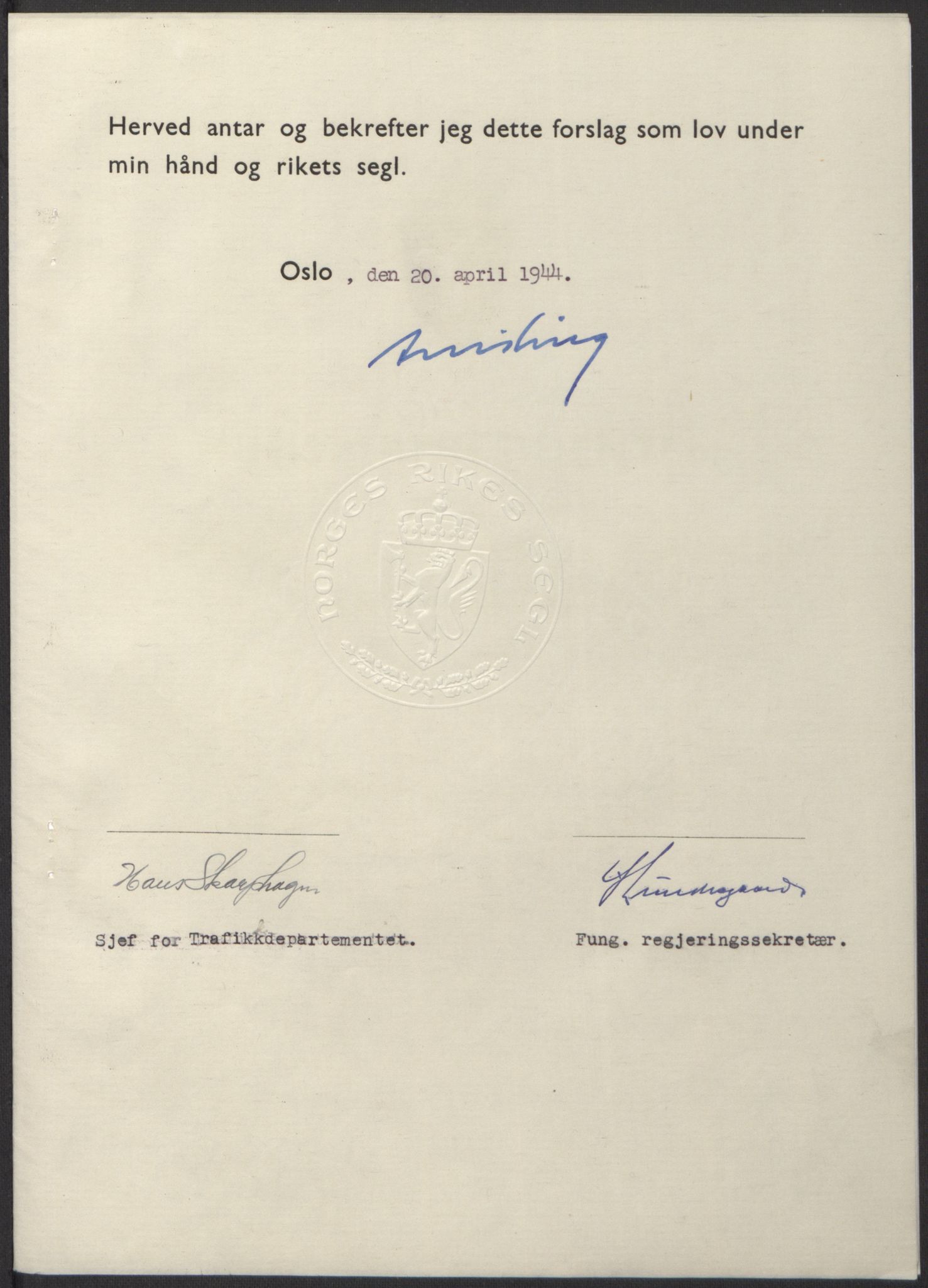 NS-administrasjonen 1940-1945 (Statsrådsekretariatet, de kommisariske statsråder mm), RA/S-4279/D/Db/L0100: Lover, 1944, s. 184