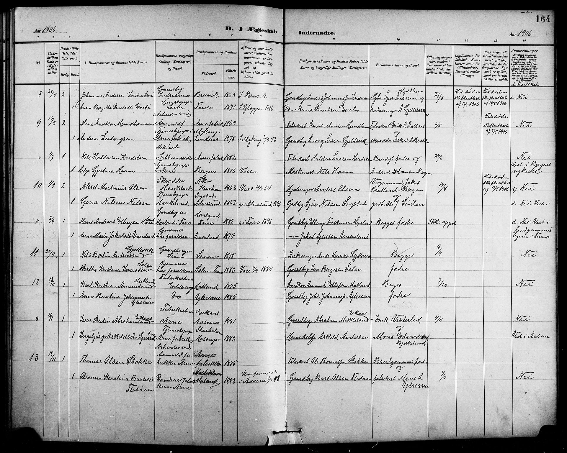 Arna sokneprestembete, AV/SAB-A-74001/H/Ha/Hab: Klokkerbok nr. A 4, 1898-1910, s. 164