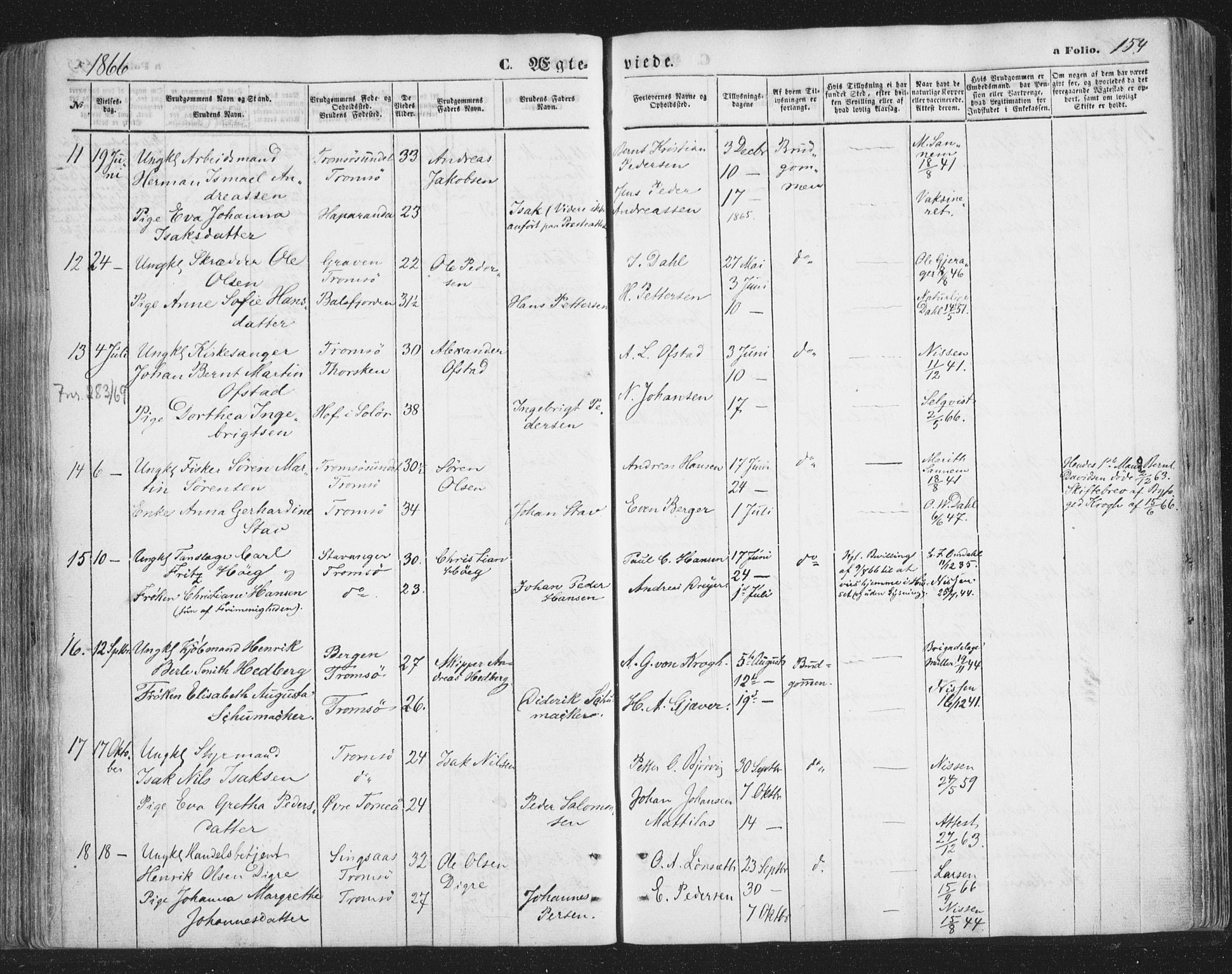 Tromsø sokneprestkontor/stiftsprosti/domprosti, AV/SATØ-S-1343/G/Ga/L0012kirke: Ministerialbok nr. 12, 1865-1871, s. 154