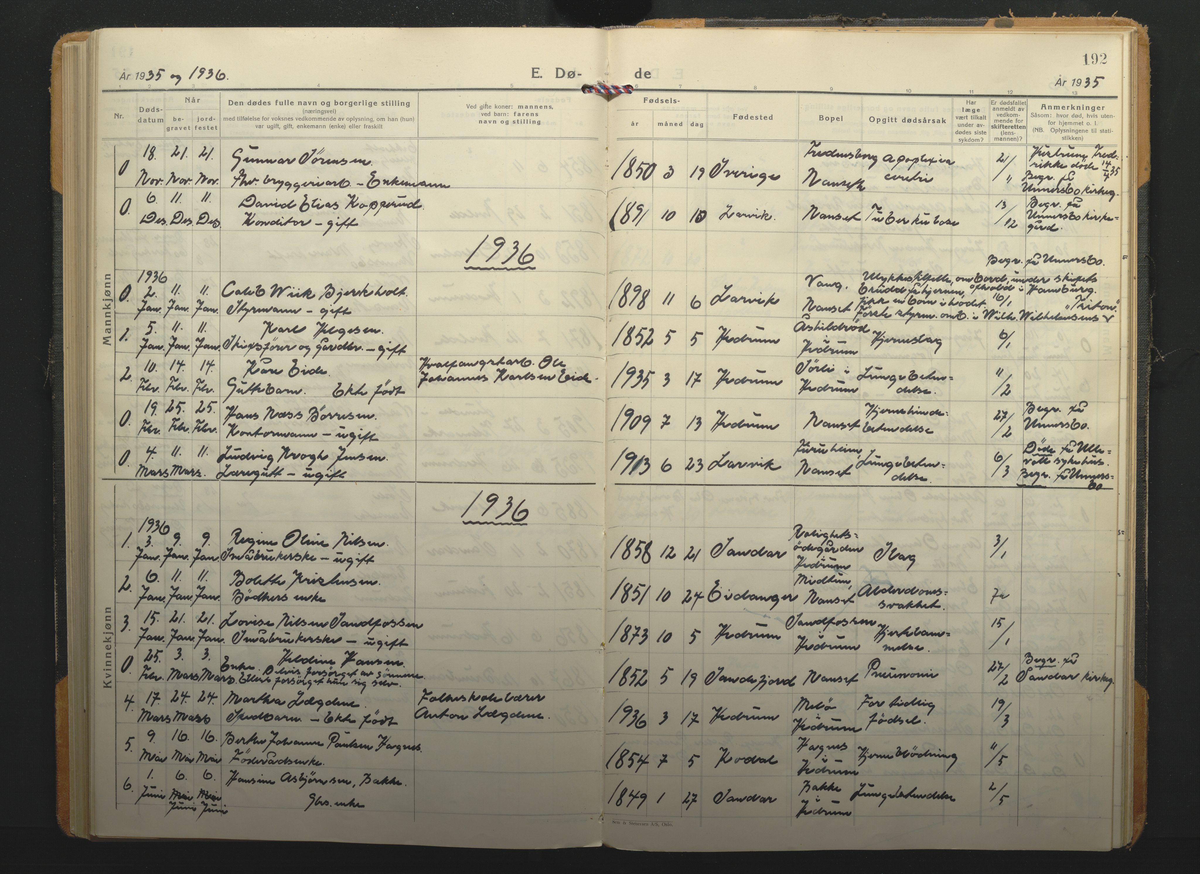 Hedrum kirkebøker, AV/SAKO-A-344/F/Fa/L0012: Ministerialbok nr. I 12, 1934-1941, s. 192