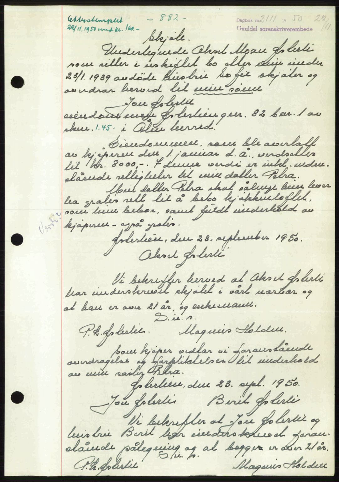 Gauldal sorenskriveri, SAT/A-0014/1/2/2C: Pantebok nr. A11, 1950-1950, Dagboknr: 2111/1950